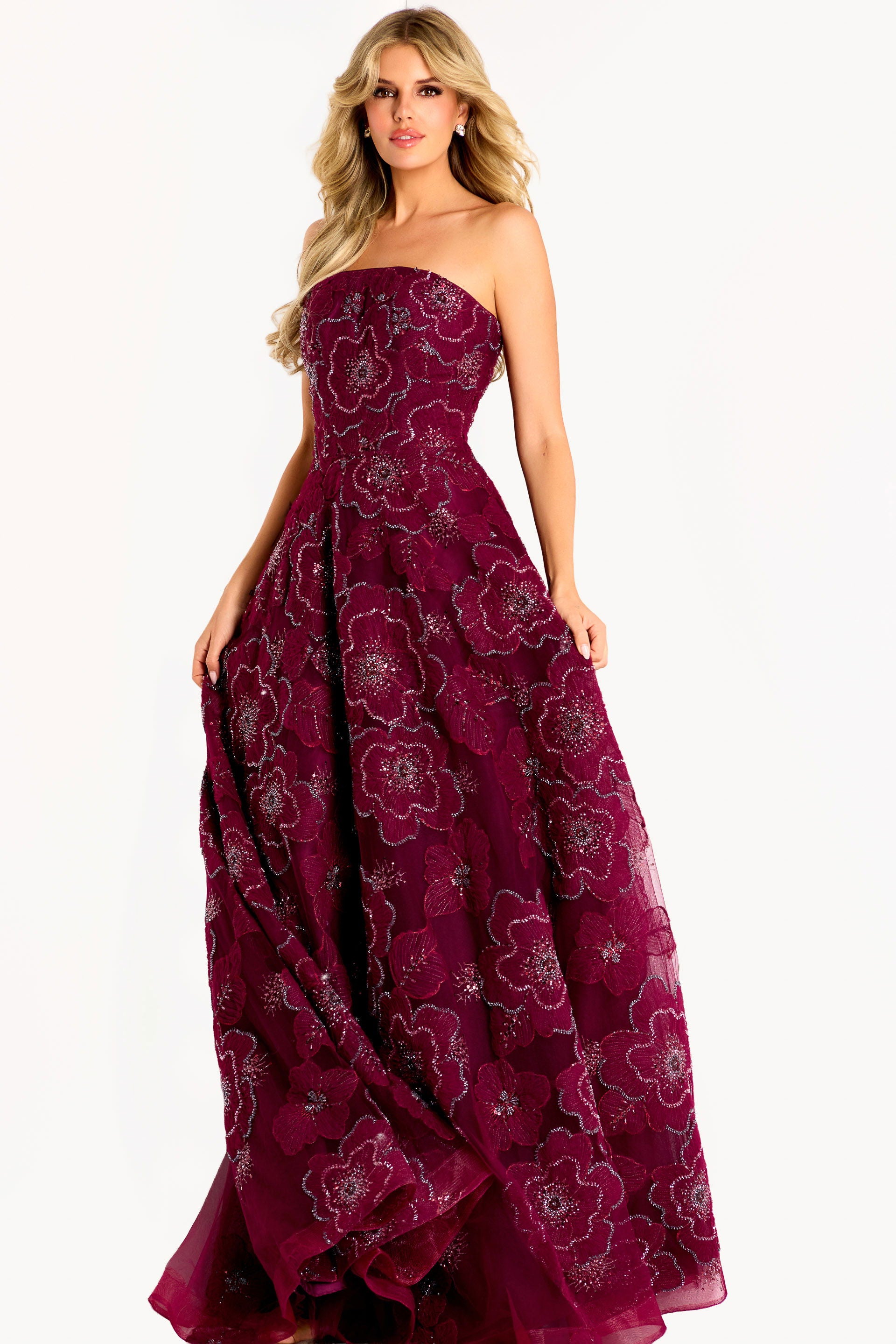 Prom Dresses A Line Long Formal Floral Applique Prom Dress Jovani 46033 Burgundy