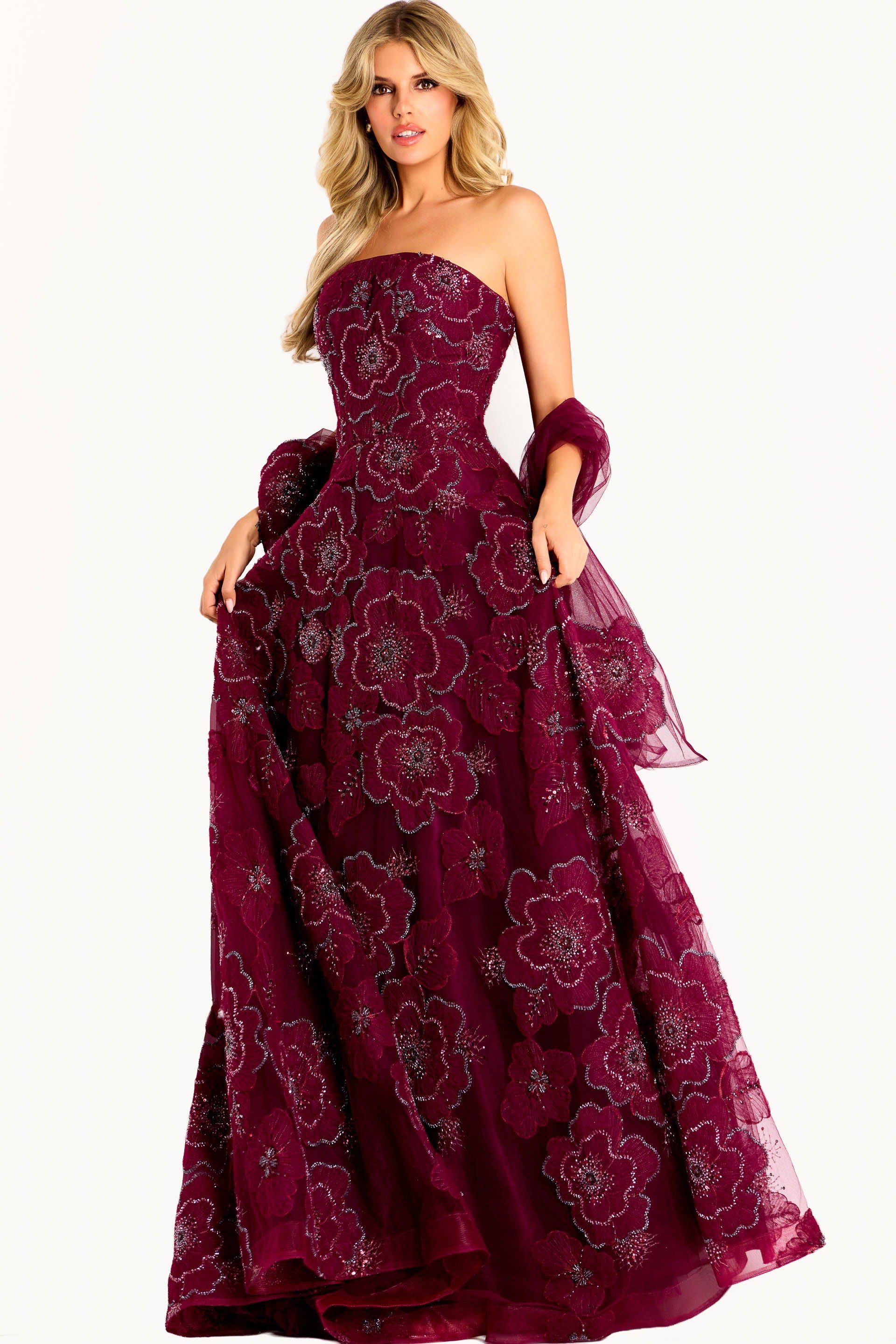 Prom Dresses A Line Long Formal Floral Applique Prom Dress Jovani 46033 Burgundy