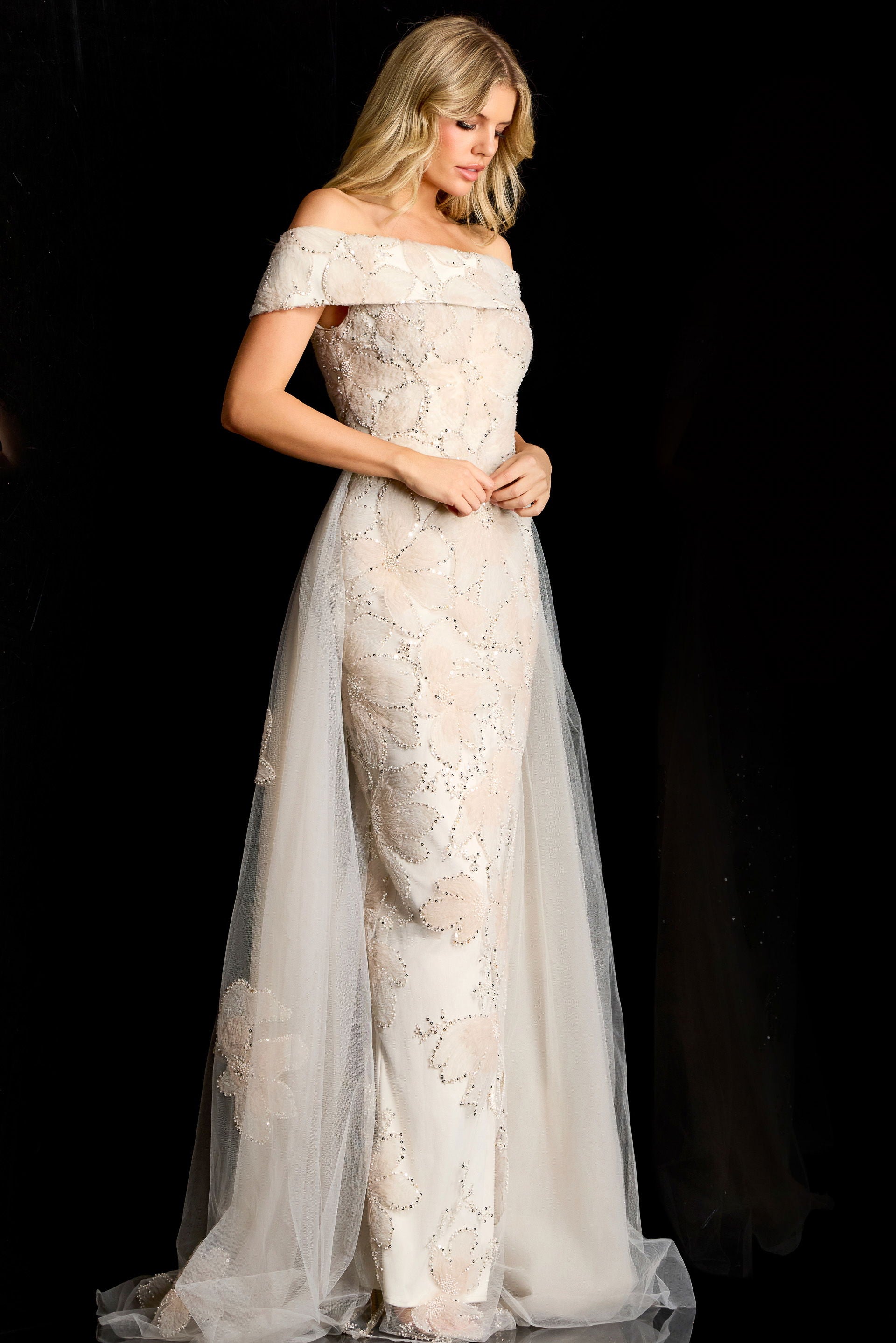 Formal Dresses Long Floral Beaded Prom Formal Dress Jovani 46034 Champagne