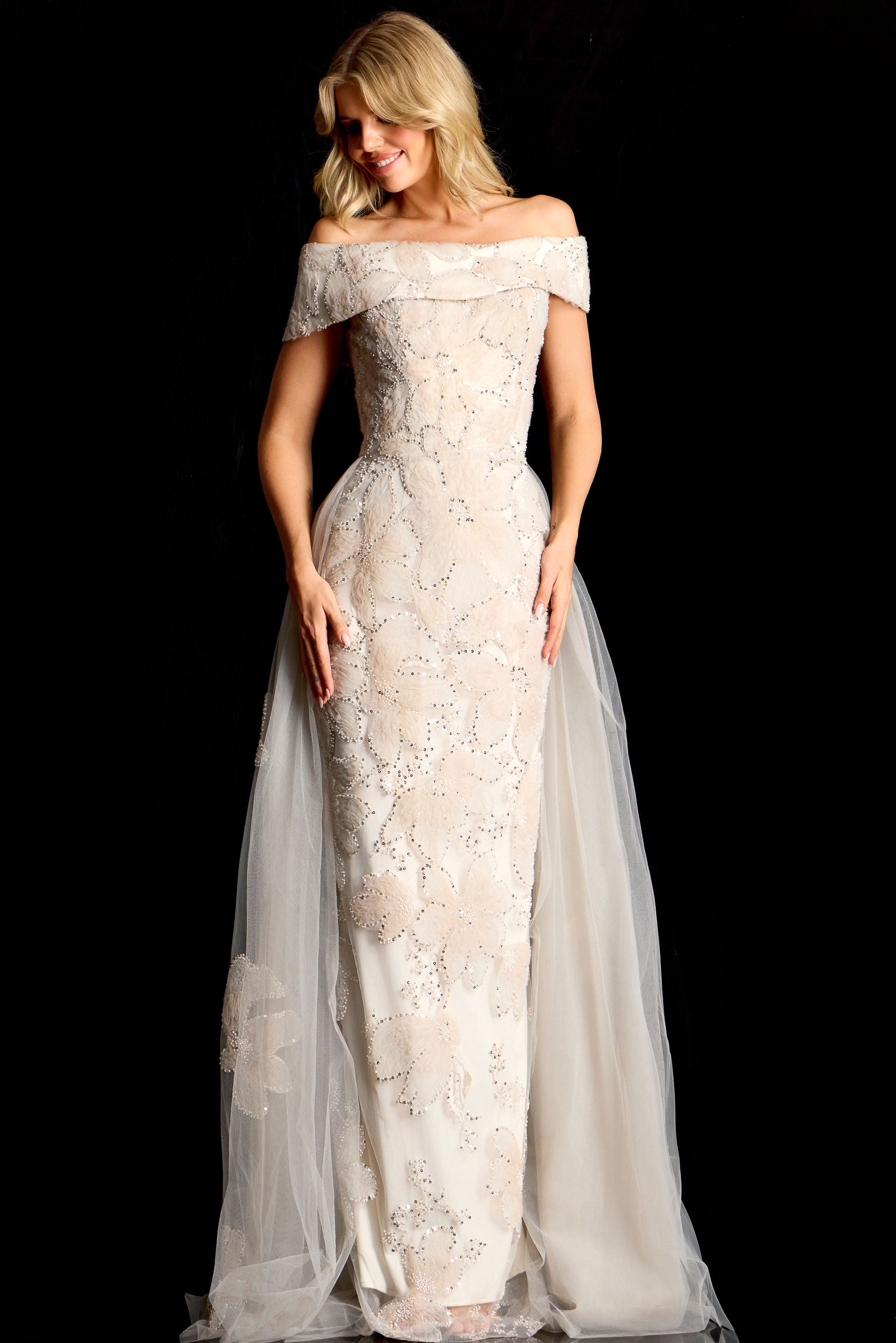 Formal Dresses Long Floral Beaded Prom Formal Dress Jovani 46034 Champagne
