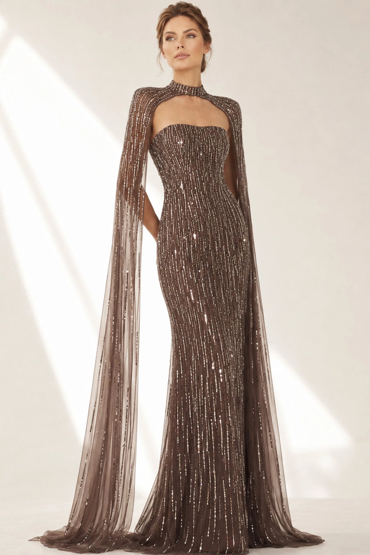 Dark Taupe High-Neck Floor-Length Sequin Evening Gown Cape Jovani 46060