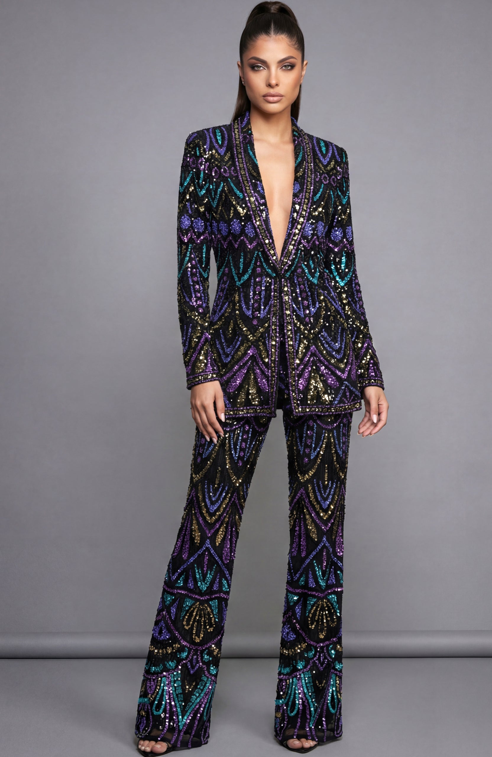 Pant Suit Long Sleeve Beaded Formal Pant Suit Jovani 46094 Black/Multi