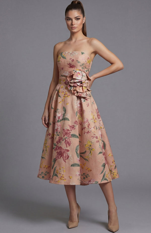Ruffle Short Midi Floral Print Cocktail Dress Jovani 46241