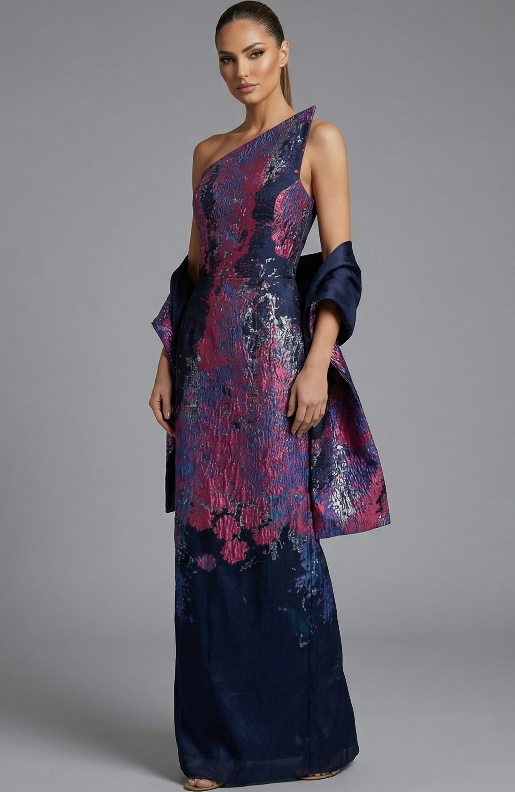 Prom Dresses A Line Long Formal Metallic Prom Dress Jovani 46259 Navy/ Fuschia