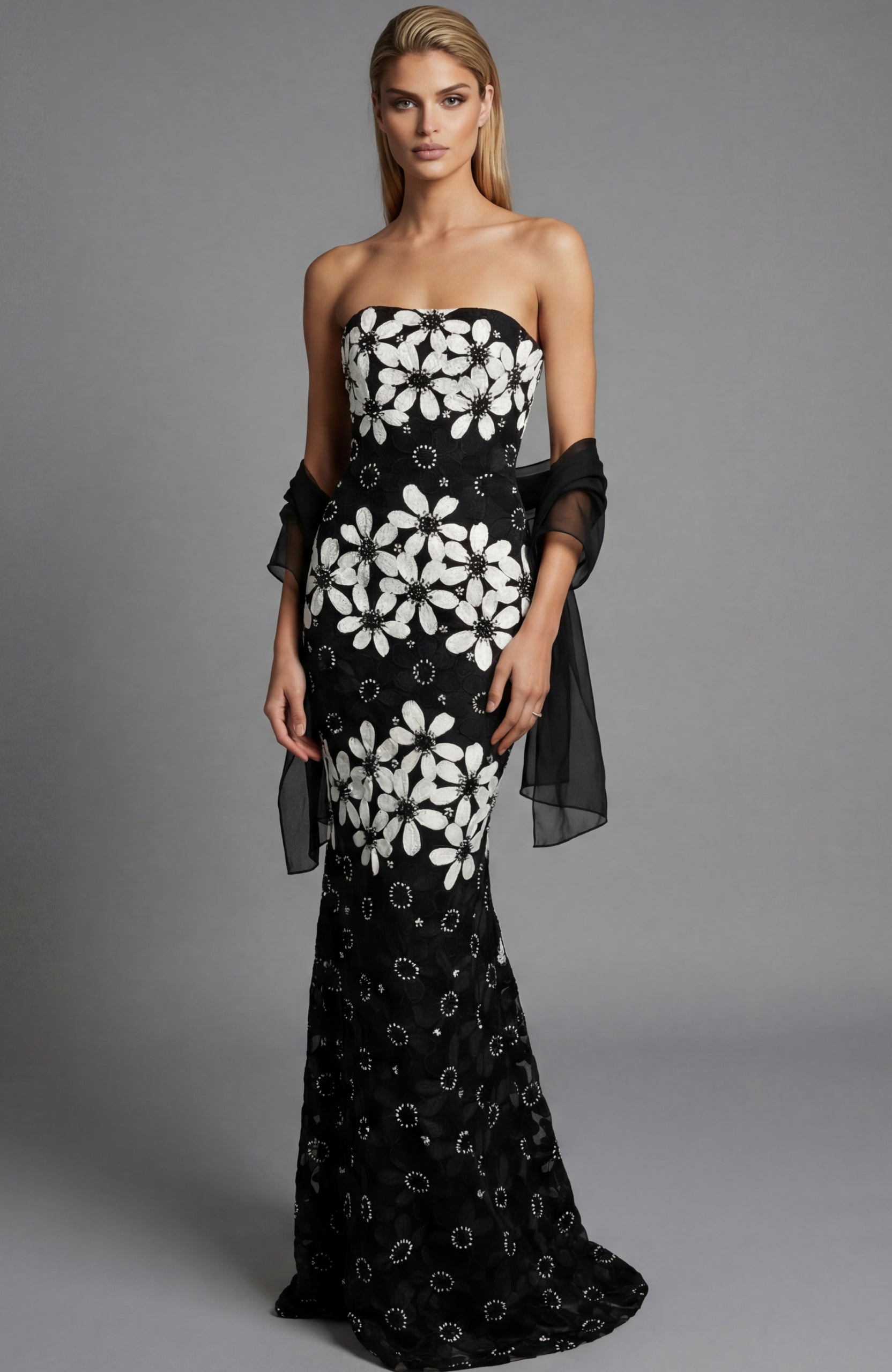 Prom Dresses Floral Long Formal Fitted Prom Dress Jovani 46261 Black/White