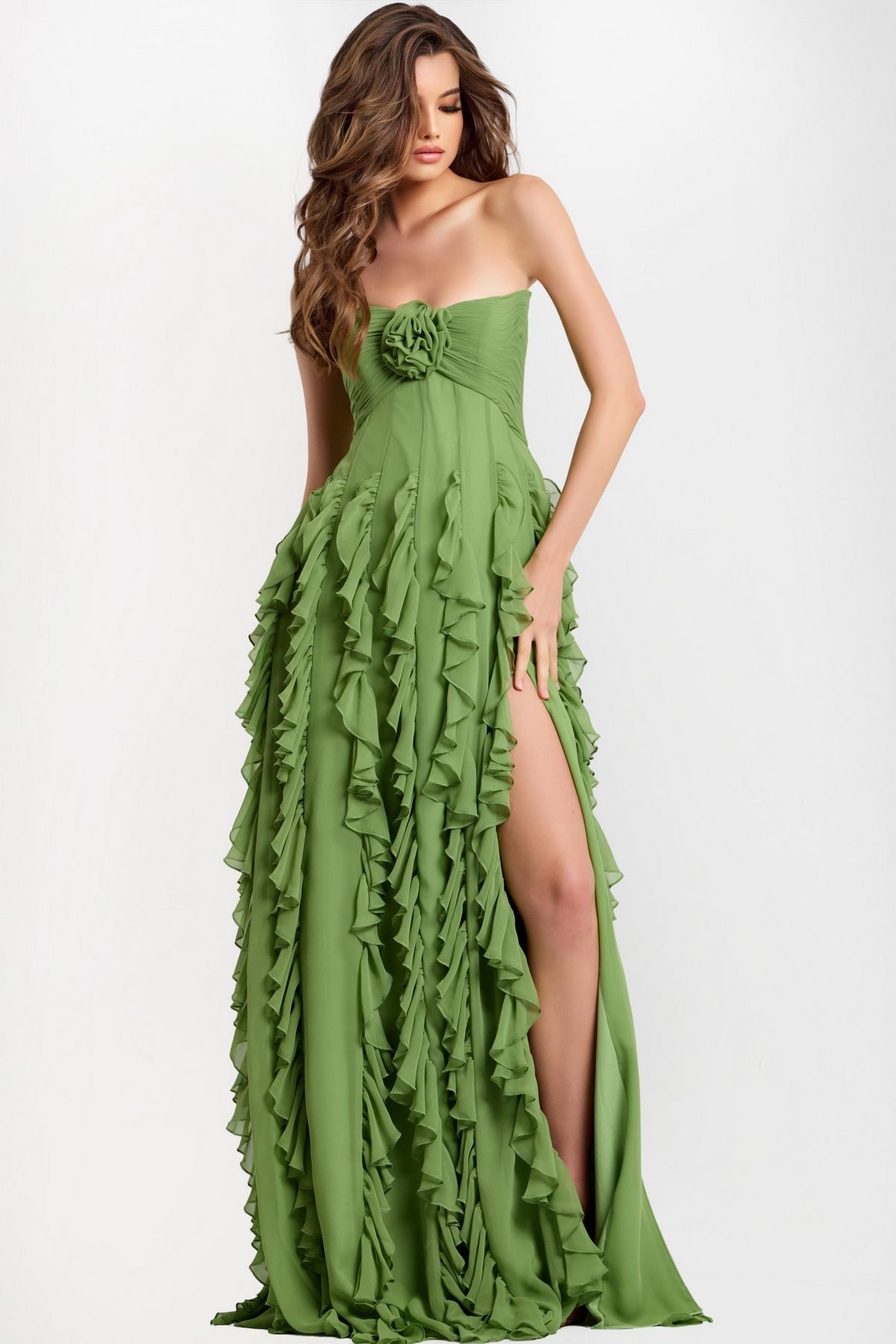 Prom Dresses Floral Long Ruffle Formal Prom Dress Light Green