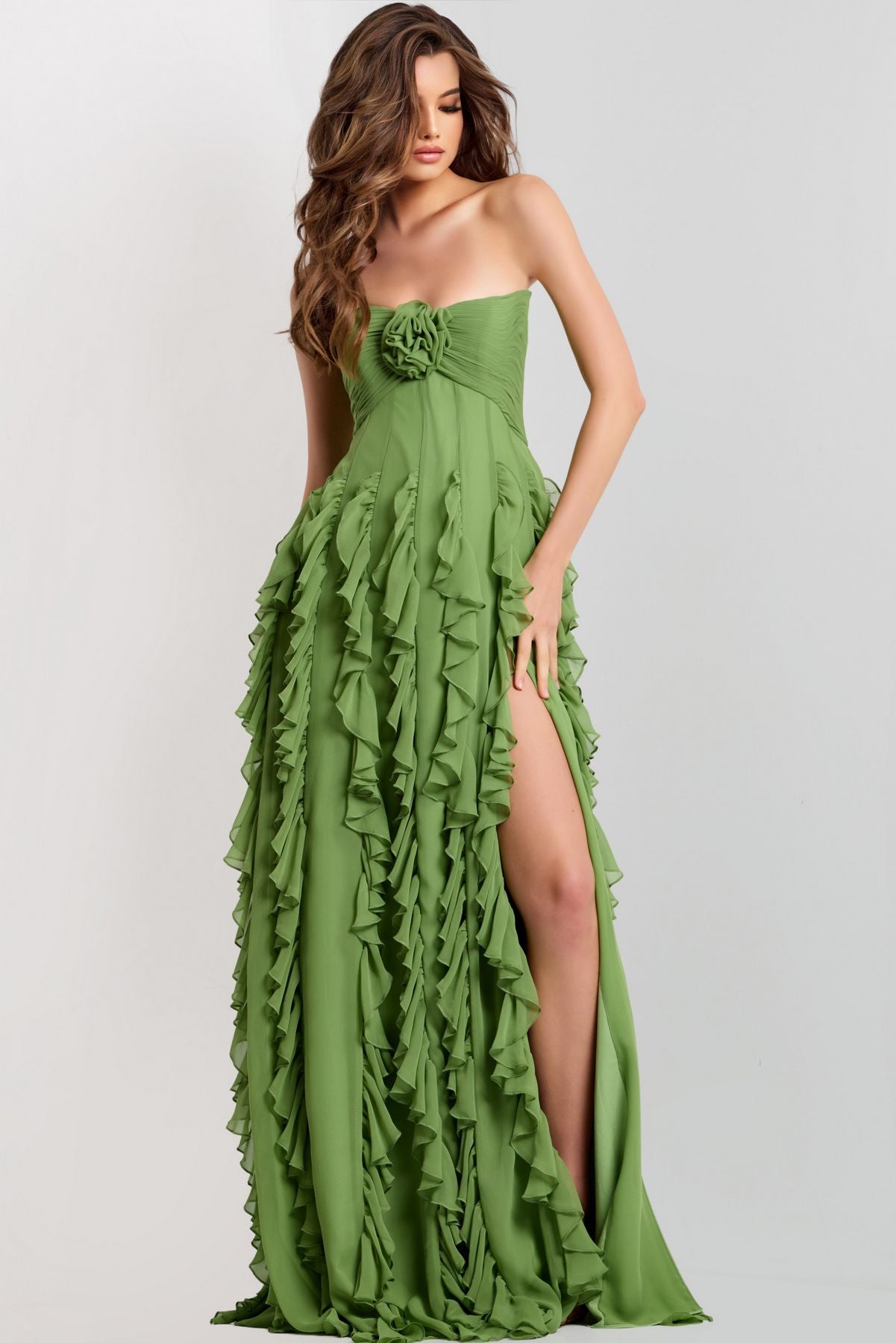 Jovani 46379 Floral Long Ruffle Formal Prom Dress - LIGHT GREEN / 16