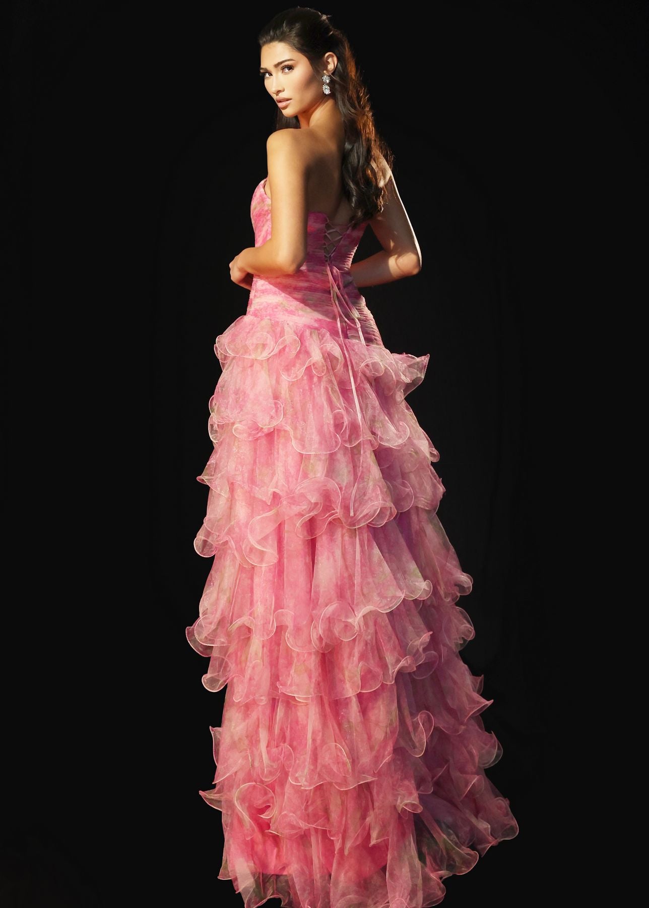 Prom Dresses Corset A Line Ruffle Long Formal Prom Dress Fuchsia/Print