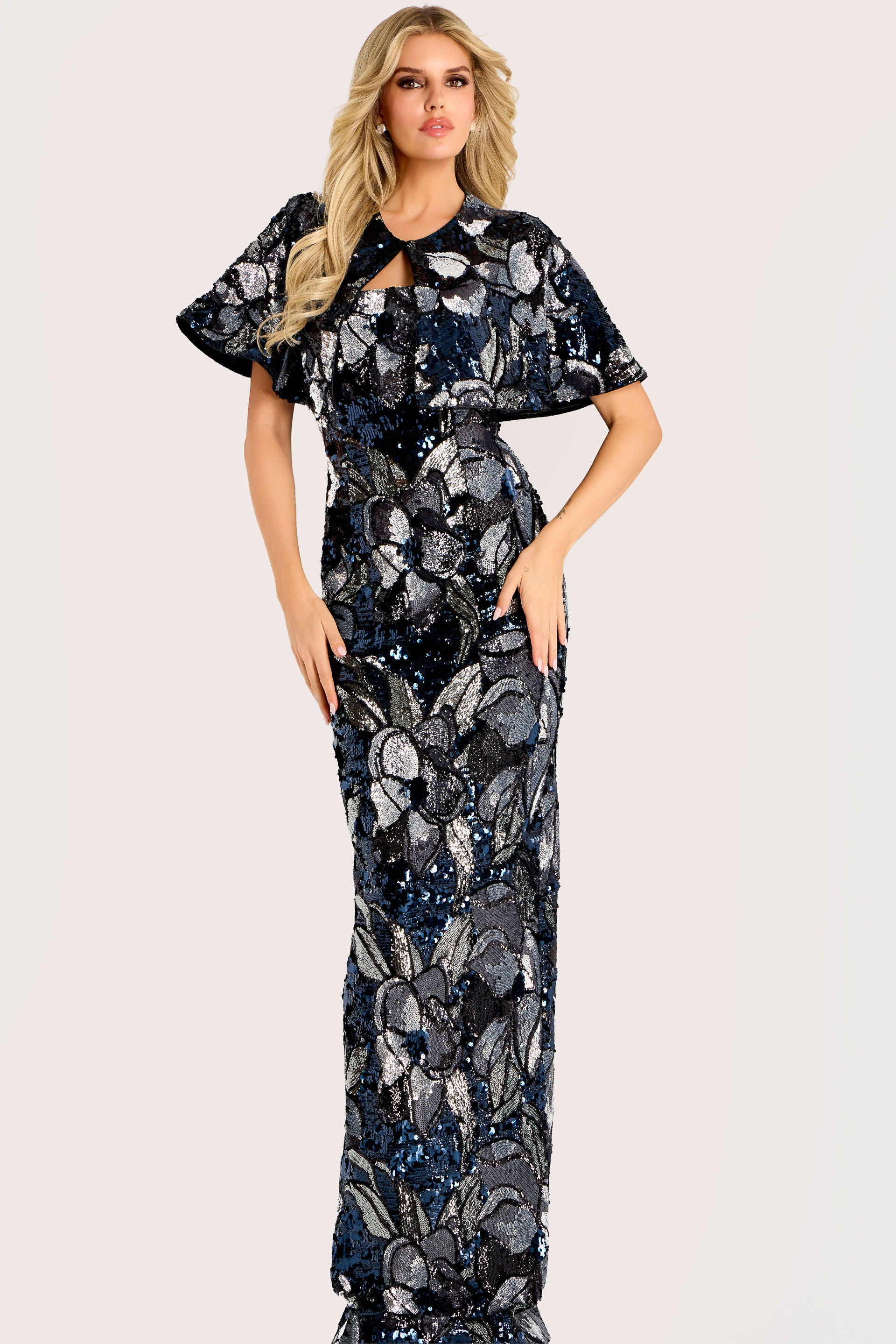 Prom Dresses Long Formal Sequin Floral Cape Prom Dress Jovani 46431  Navy/Silver