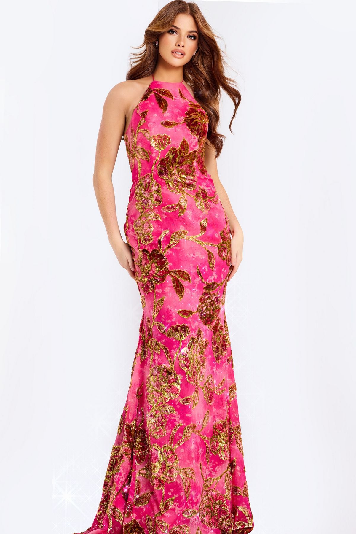 Prom Dresses Glitter Floral Print Long Formal Mermaid Prom Dress Fuschia/Gold