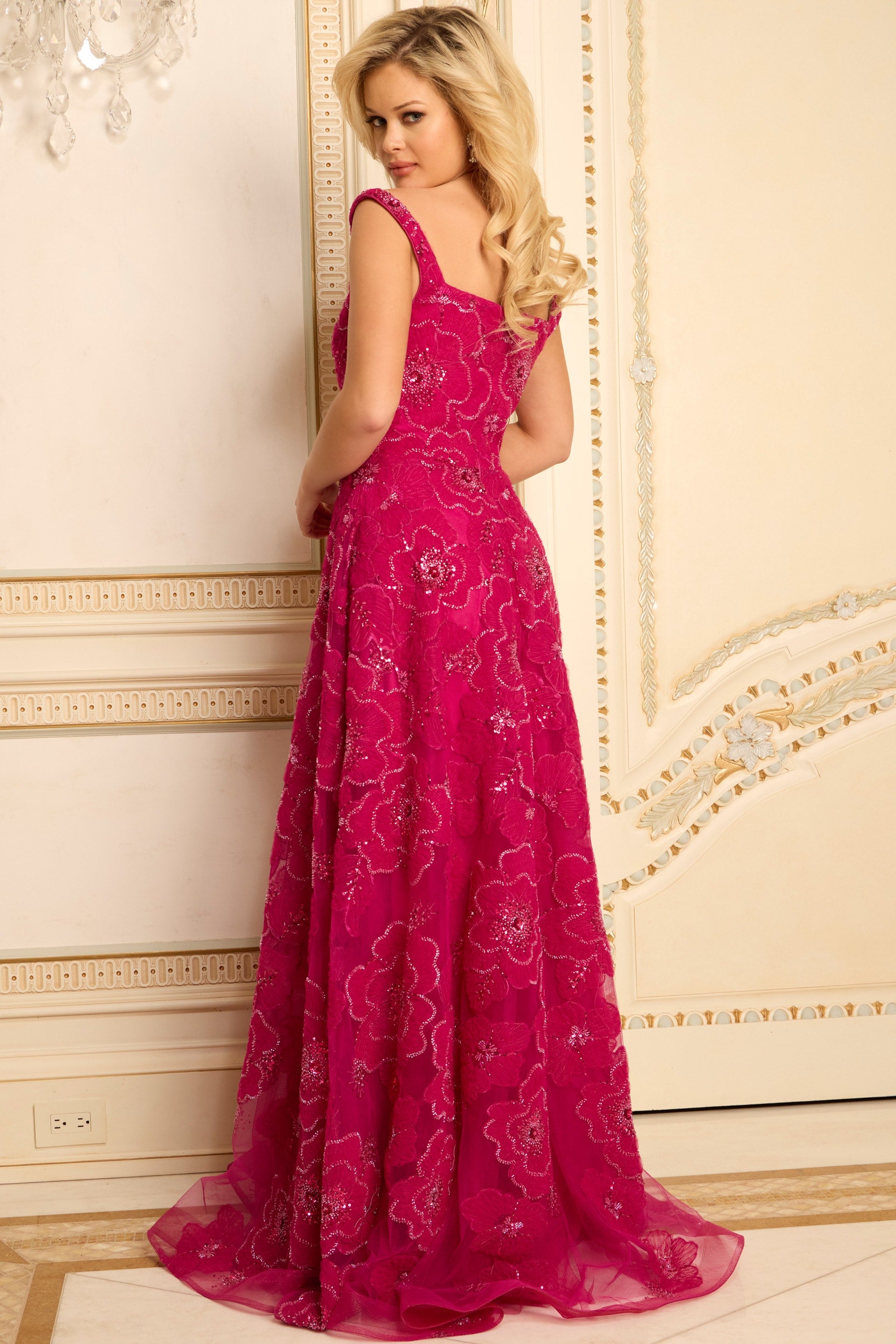 Fuchsia Square Neck Floor Length Embroidered Tulle Prom Dress with High Slit Jovani 46471