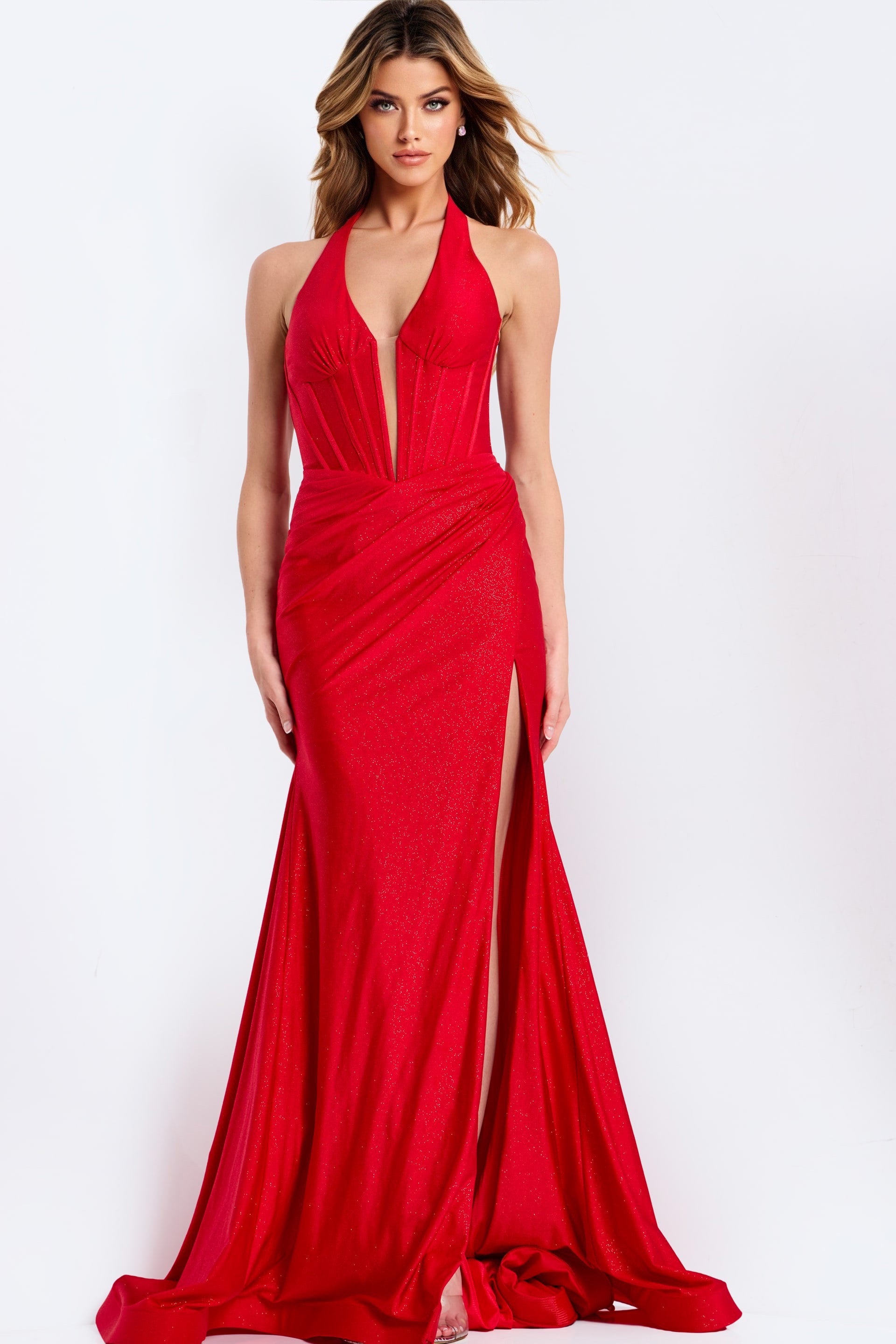 Red Halter Floor-Length Glitter Jersey Prom Dress with High Slit Formal Gown Jovani 46489