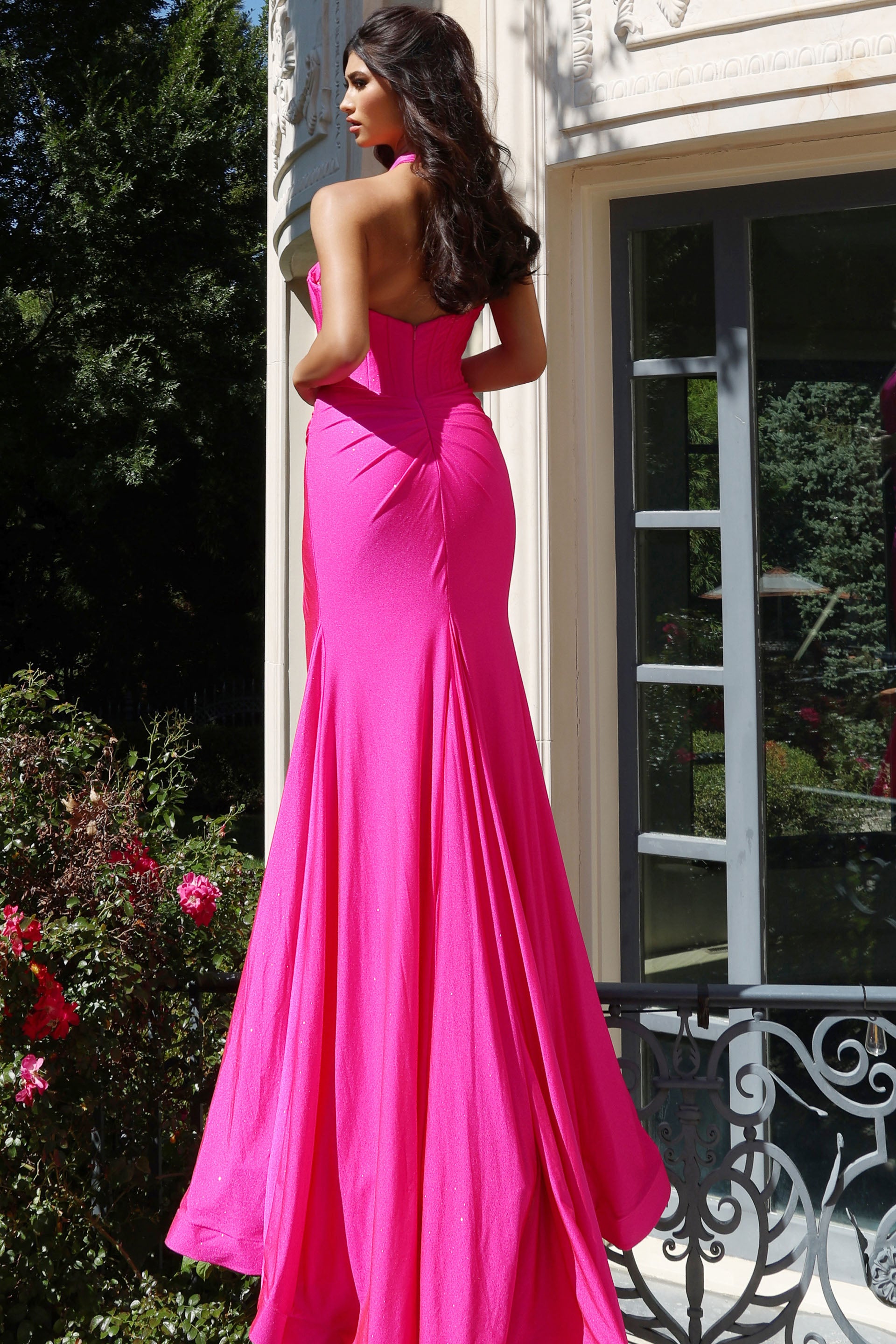 Hot Pink Halter Floor-Length Glitter Jersey Prom Dress with High Slit Formal Gown Jovani 46489