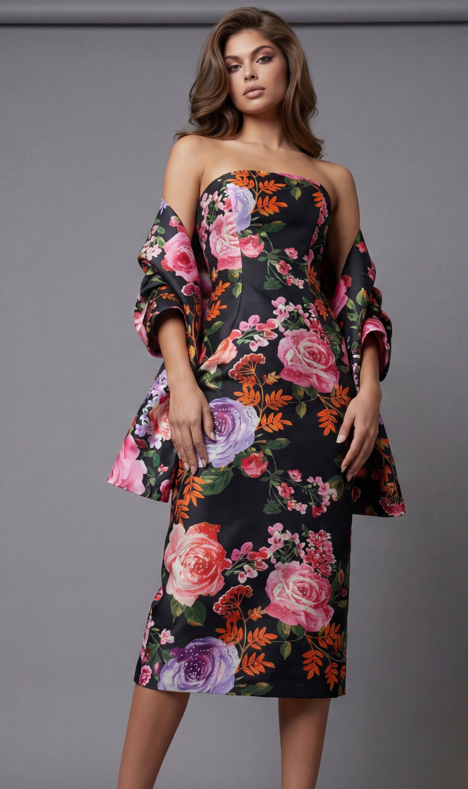 Cocktail Dresses Short Floral Print Fitted Midi Cocktail Dress Jovani 46565 Print