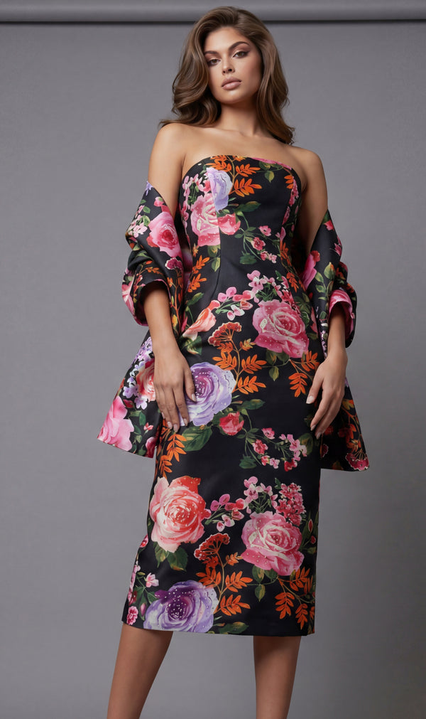 Short Floral Print Fitted Midi Cocktail Dress Jovani 46565