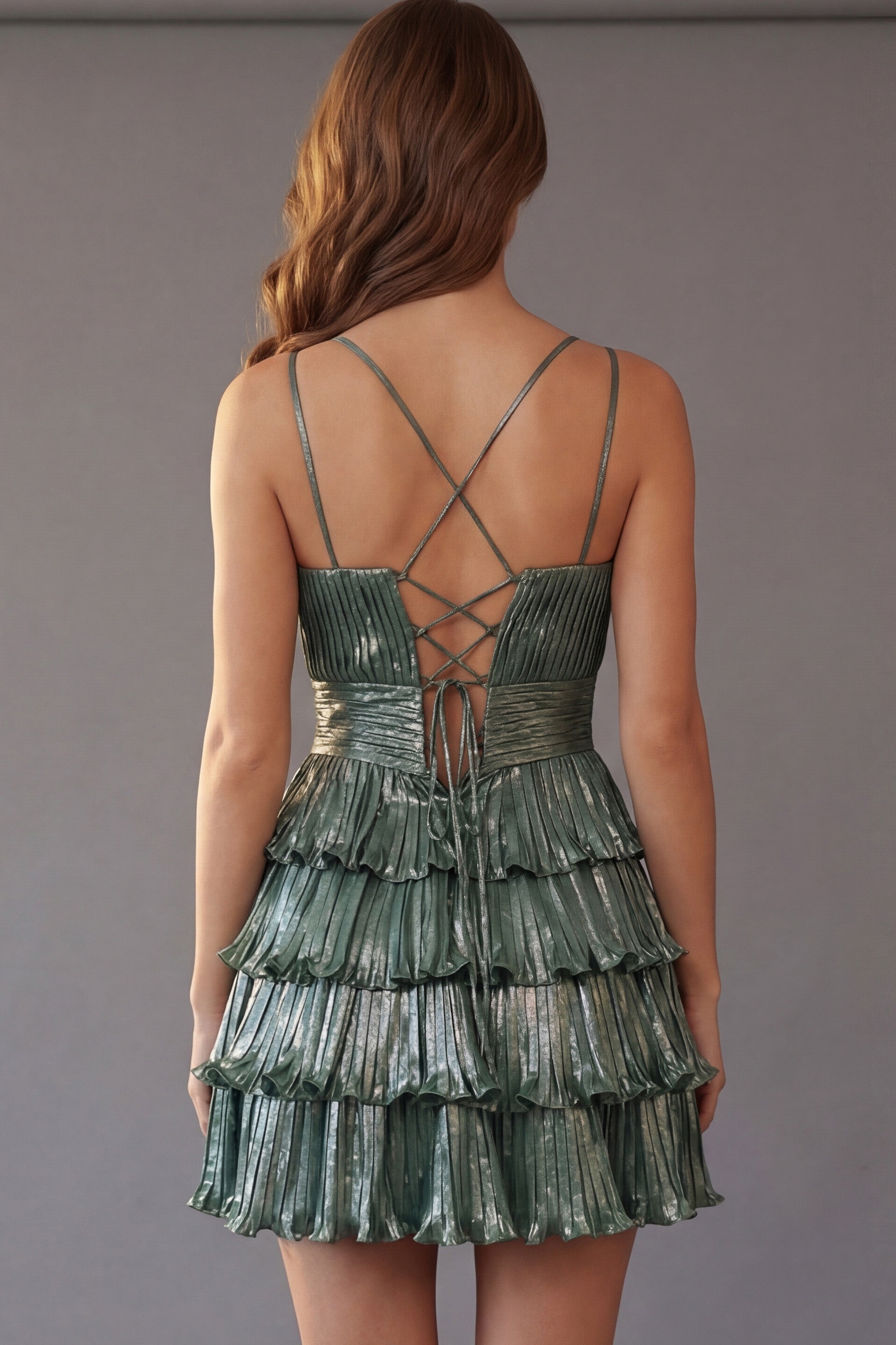Green Deep V-Neck Short Pleated Glitter Tulle Cocktail Dress with Tiered Skirt Jovani 46602