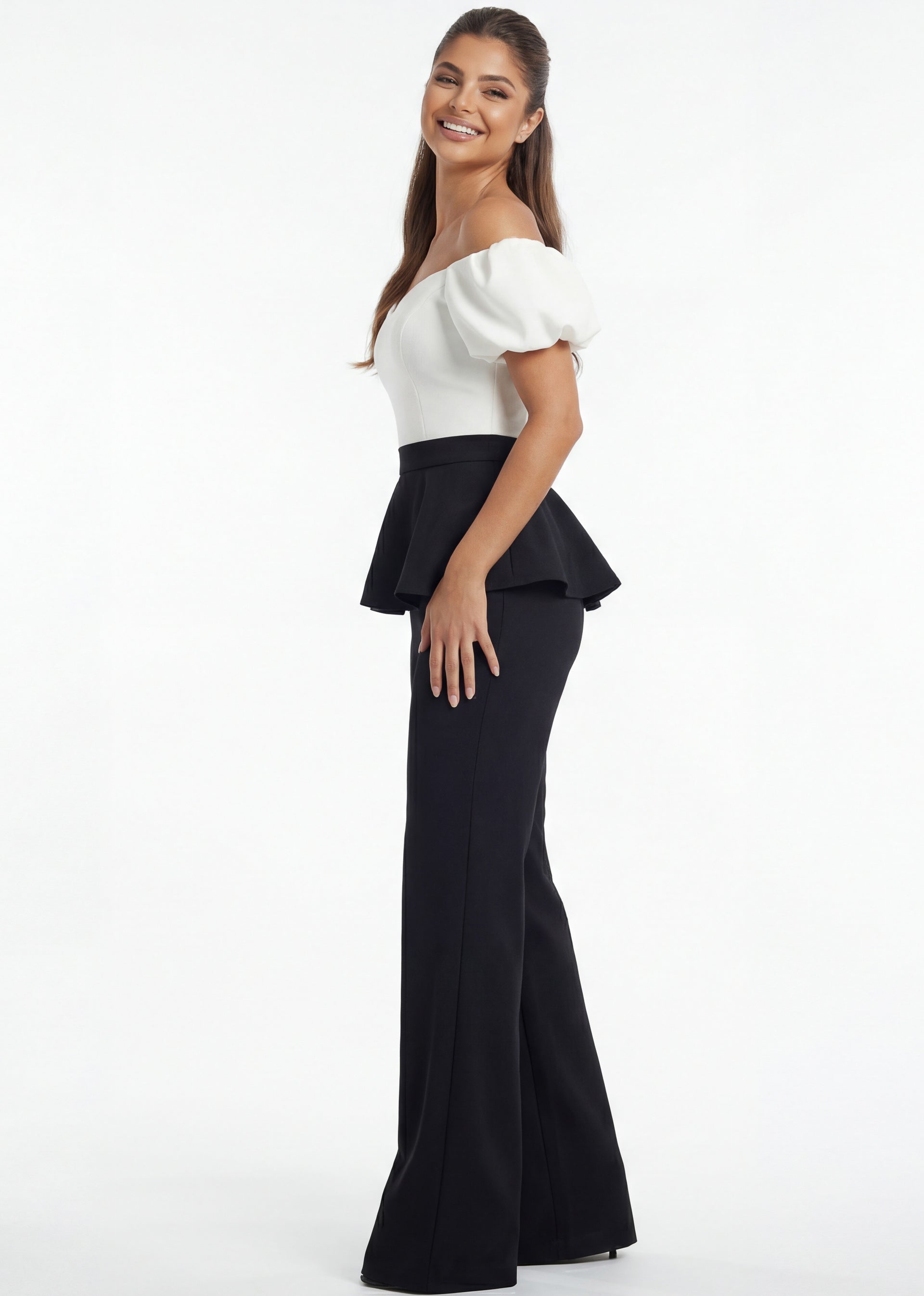 Black/White Off-the-Shoulder Full-Length Stretch Crepe Formal Puff Sleeve Peplum Pants Jovani 46613
