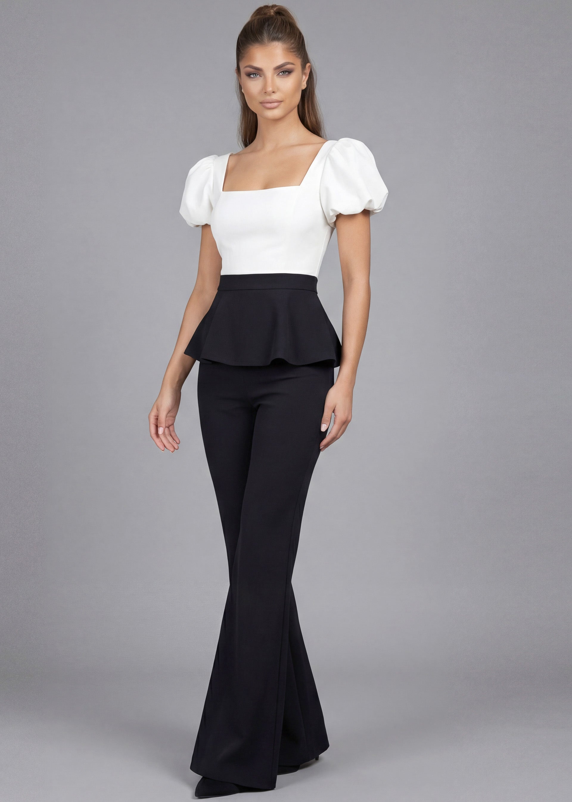 Black/White Off-the-Shoulder Full-Length Stretch Crepe Formal Puff Sleeve Peplum Pants Jovani 46613