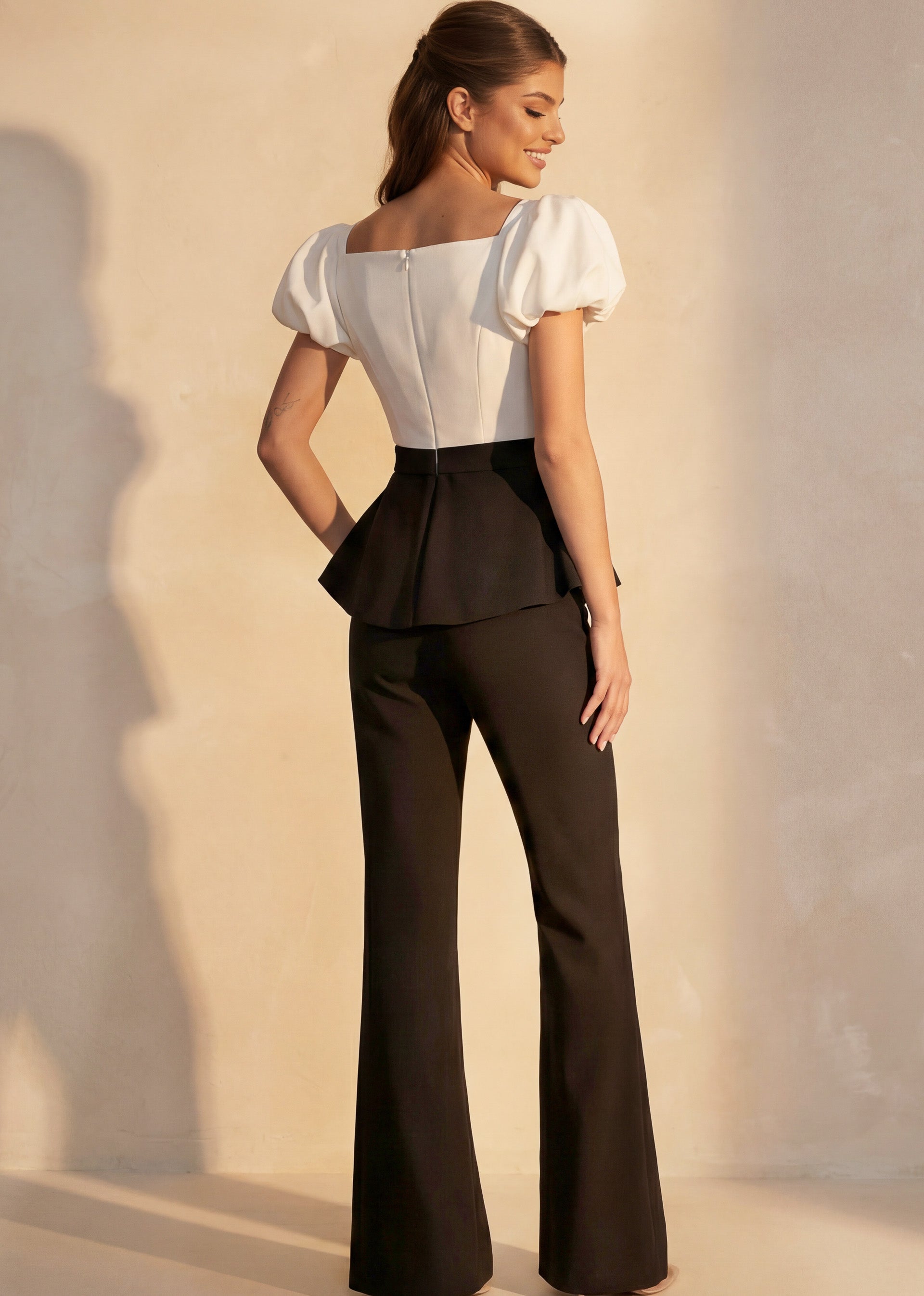 Black/White Off-the-Shoulder Full-Length Stretch Crepe Formal Puff Sleeve Peplum Pants Jovani 46613