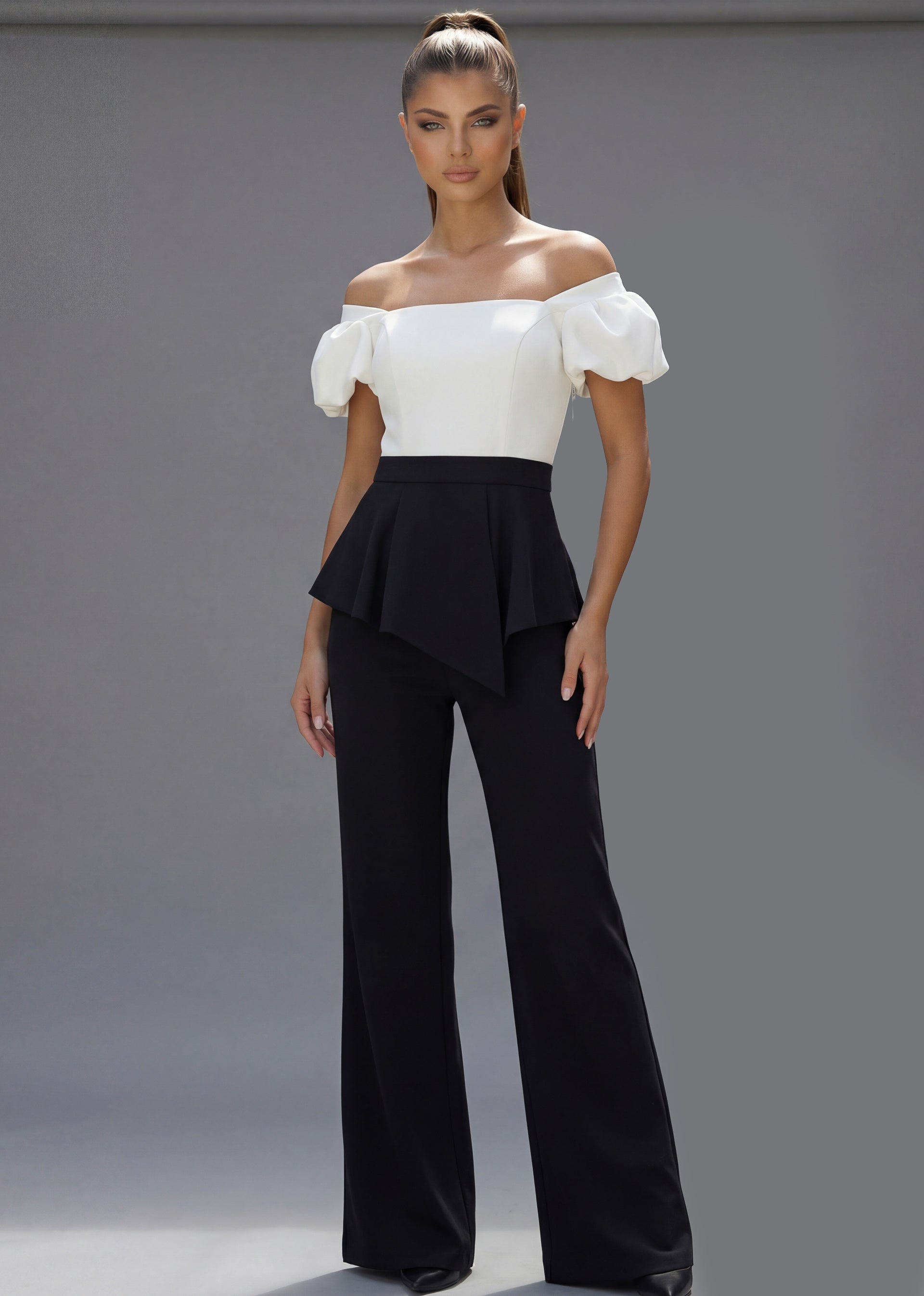 Black/White Off-the-Shoulder Full-Length Stretch Crepe Formal Puff Sleeve Peplum Pants Jovani 46613