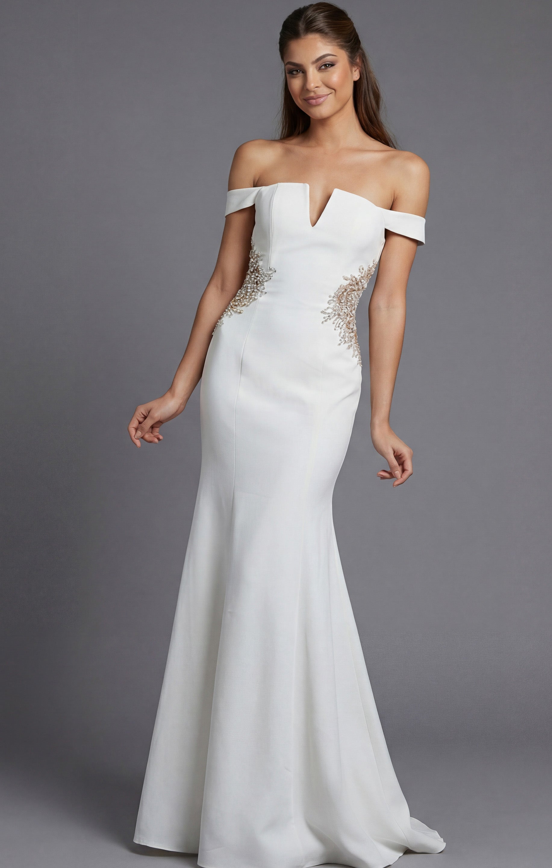 Off White Off-Shoulder Floor-Length Stretch Crepe Wedding Fitted Mermaid Gown Jovani 46623