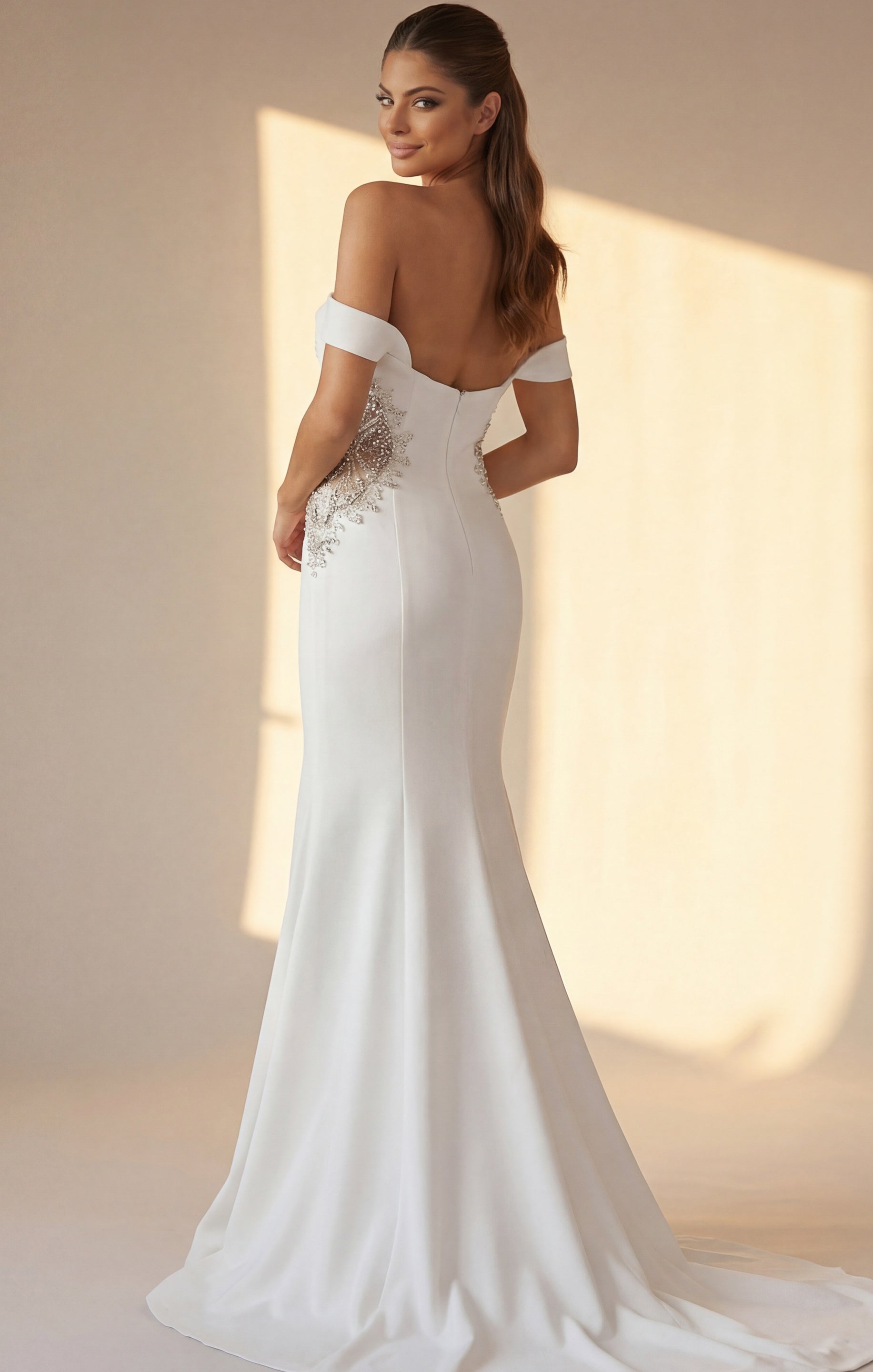 Off White Off-Shoulder Floor-Length Stretch Crepe Wedding Fitted Mermaid Gown Jovani 46623
