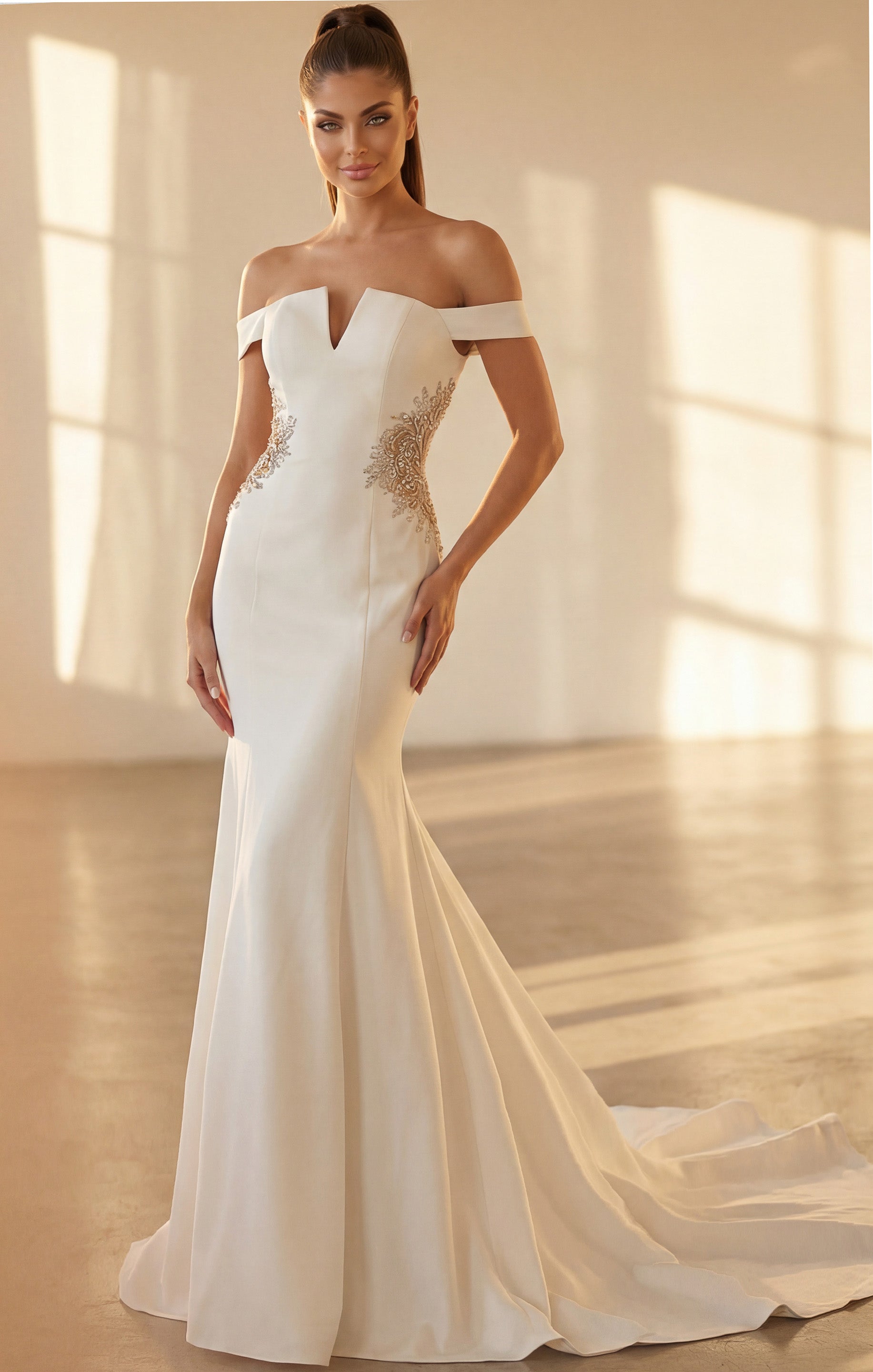 Off White Off-Shoulder Floor-Length Stretch Crepe Wedding Fitted Mermaid Gown Jovani 46623