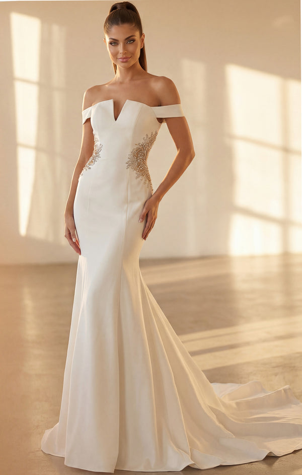 Off-Shoulder Floor-Length Stretch Crepe Wedding Fitted Mermaid Gown Jovani 46623