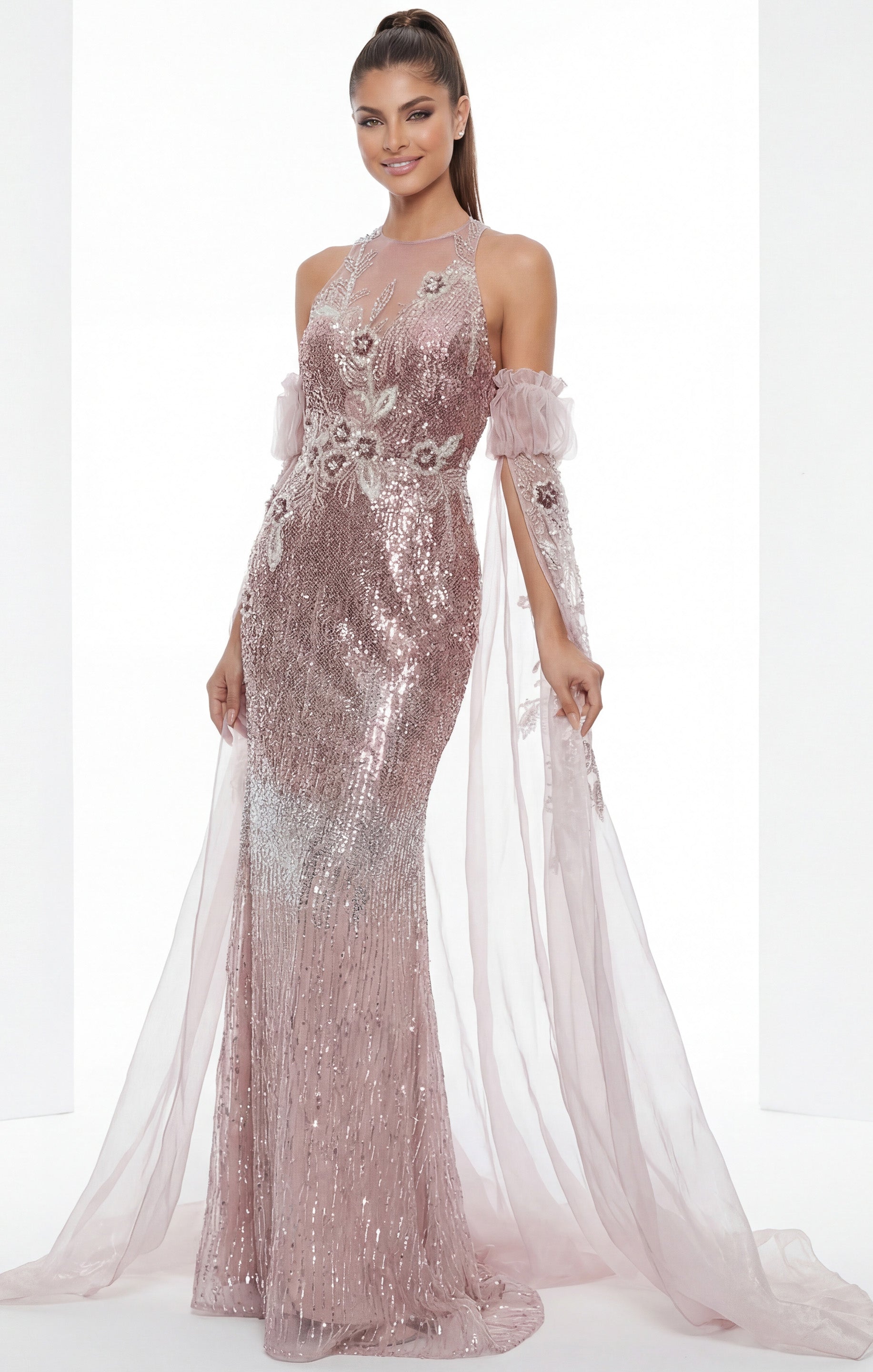Pink Halter Neck Floor-Length Beaded Tulle Formal Mermaid Gown with Sheer Sleeves Jovani 46674