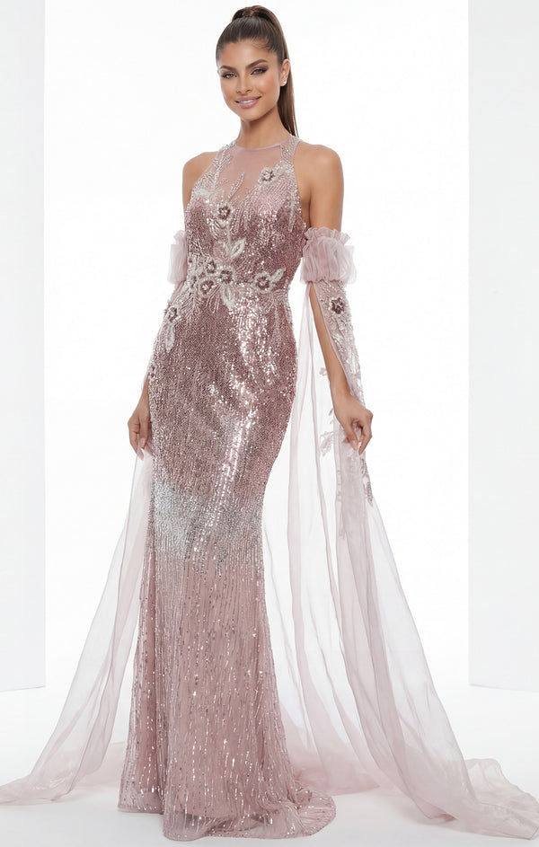 Halter Neck Floor-Length Beaded Tulle Formal Mermaid Gown with Sheer Sleeves Jovani 46674