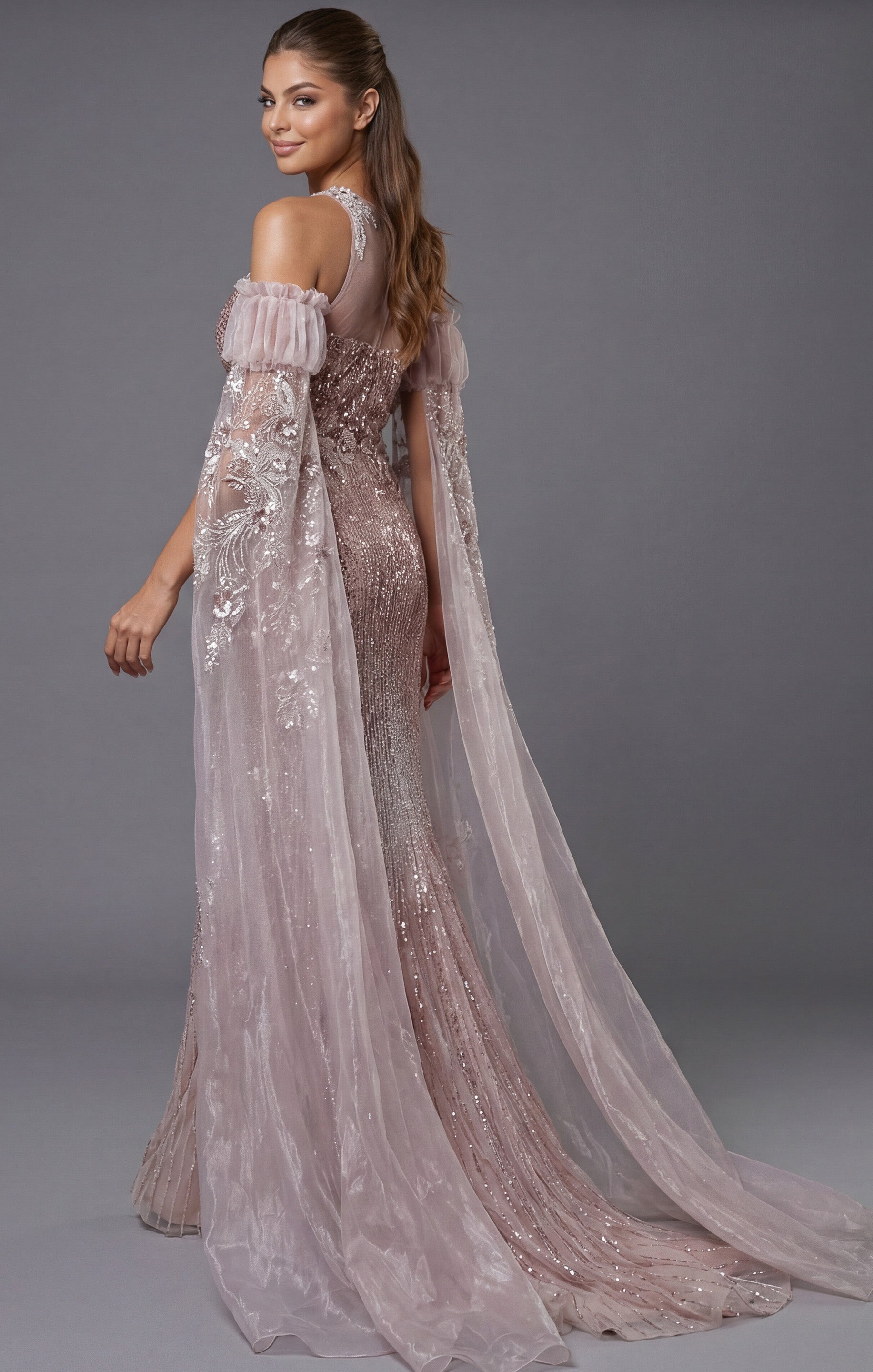 Pink Halter Neck Floor-Length Beaded Tulle Formal Mermaid Gown with Sheer Sleeves Jovani 46674