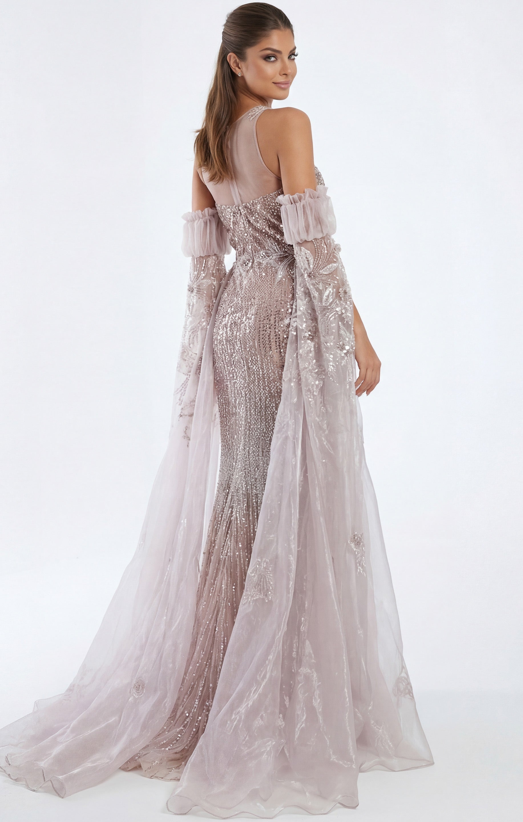 Pink Halter Neck Floor-Length Beaded Tulle Formal Mermaid Gown with Sheer Sleeves Jovani 46674