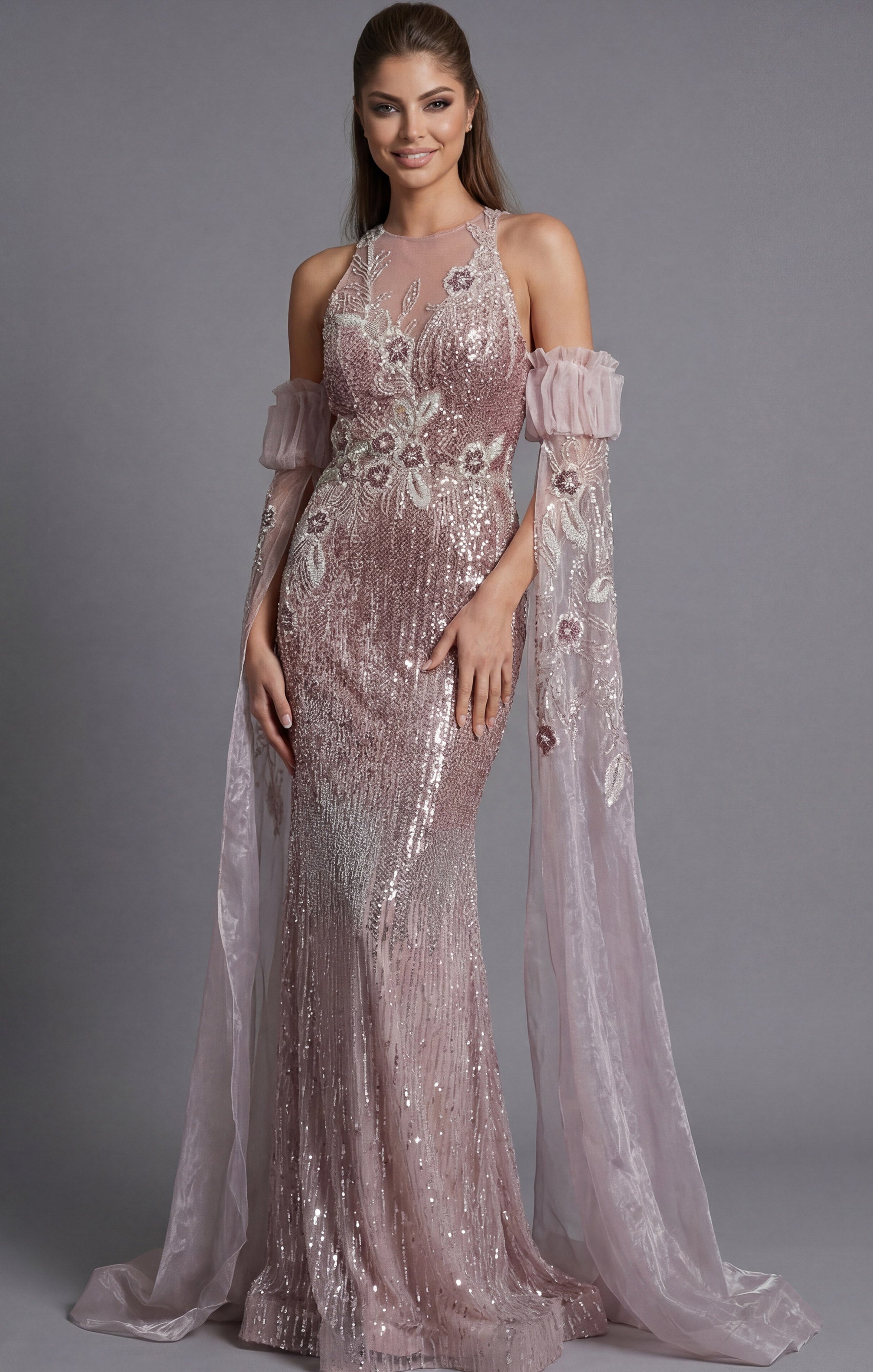 Pink Halter Neck Floor-Length Beaded Tulle Formal Mermaid Gown with Sheer Sleeves Jovani 46674
