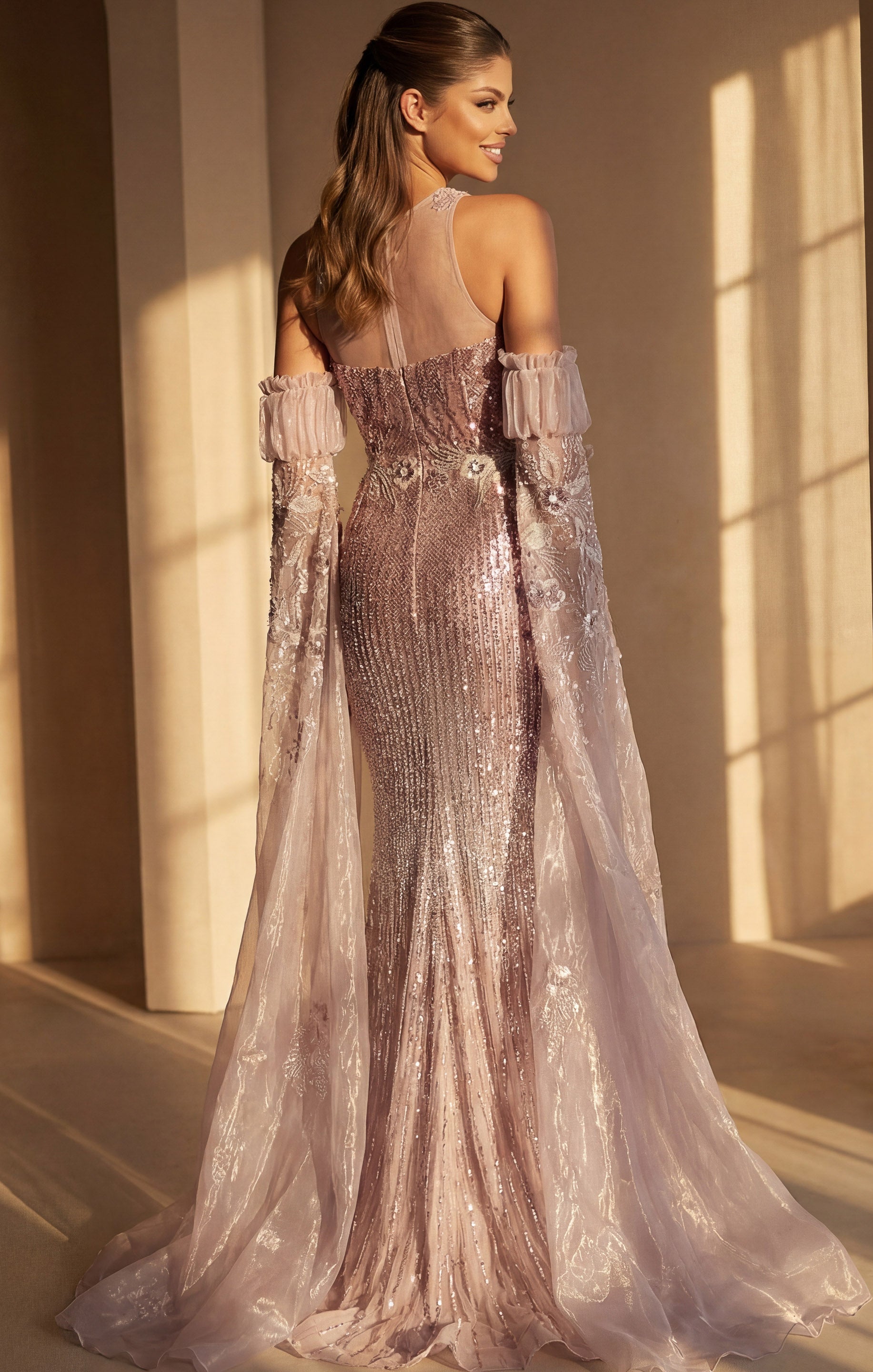 Pink Halter Neck Floor-Length Beaded Tulle Formal Mermaid Gown with Sheer Sleeves Jovani 46674