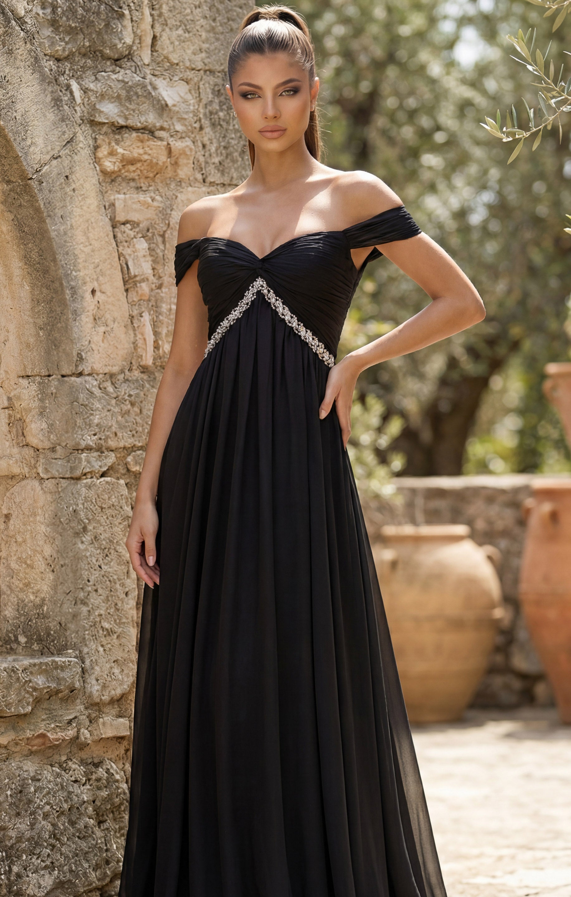 Black Off-the-Shoulder Floor-Length Chiffon Formal Gown with Beaded Waistband Jovani 46703