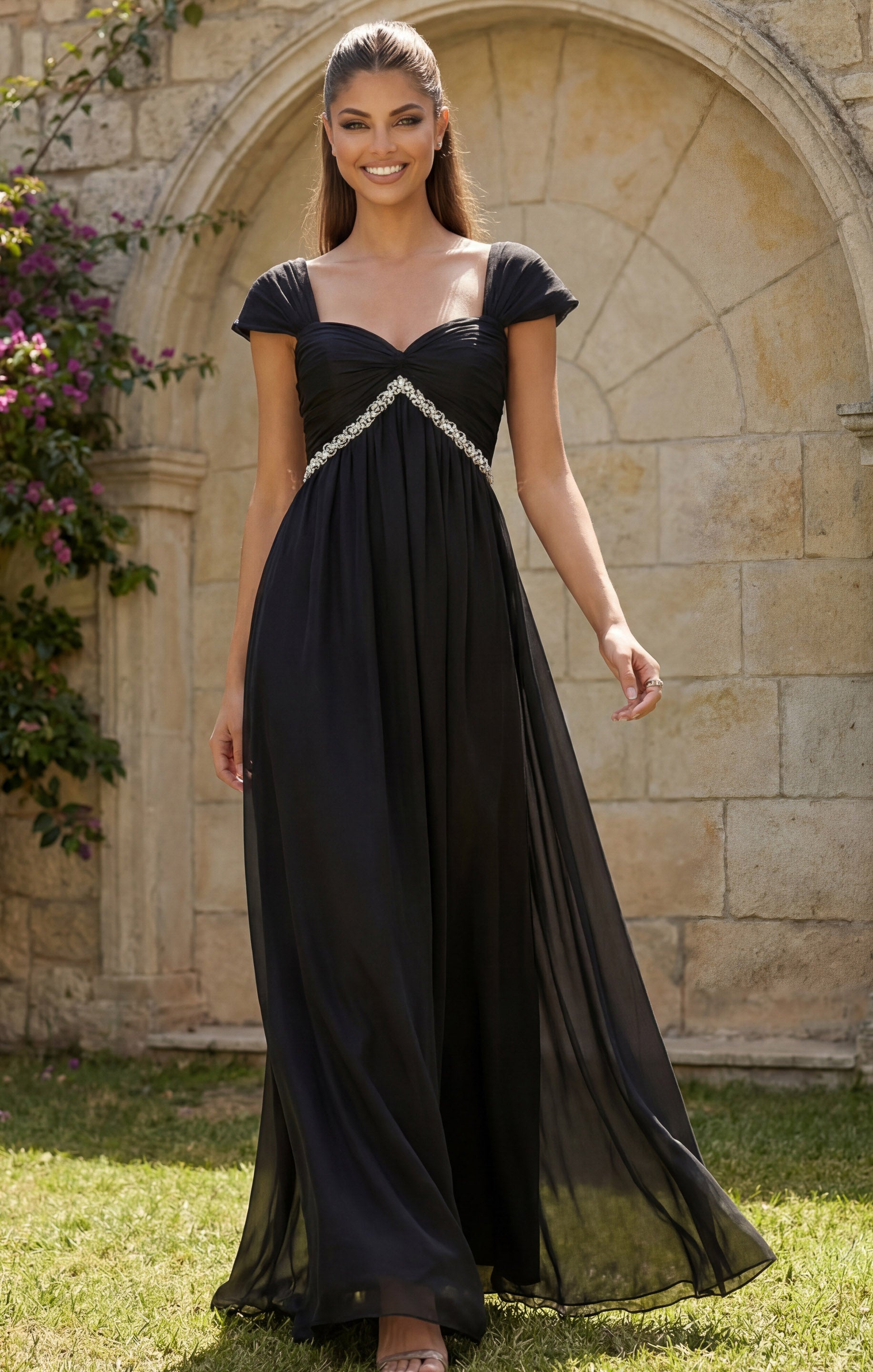 Black Off-the-Shoulder Floor-Length Chiffon Formal Gown with Beaded Waistband Jovani 46703