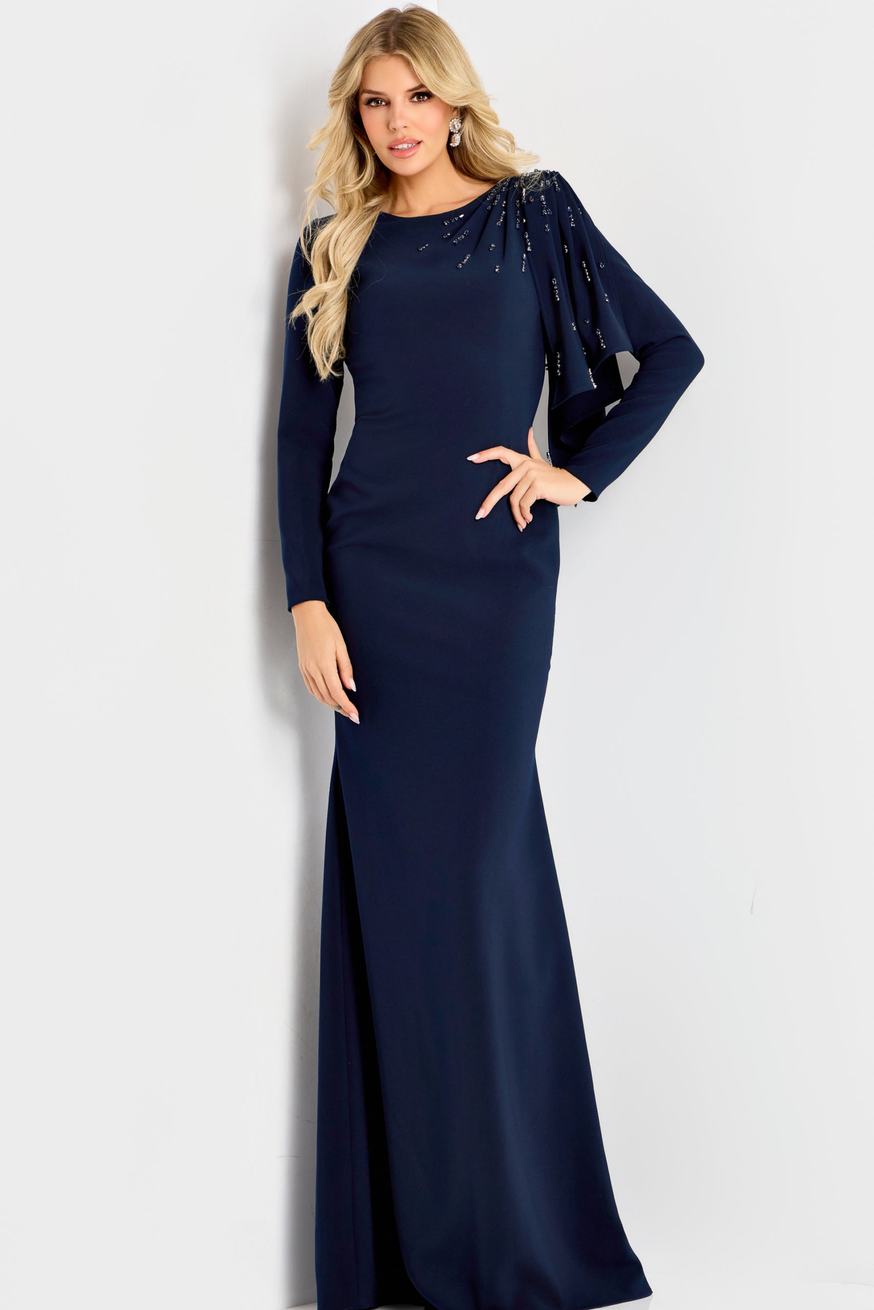 Mother of the Bride Dresses Long Sleeve Cape Beaded Formal Fitted Mother of the Bride Dress Jovani 46738 Navy