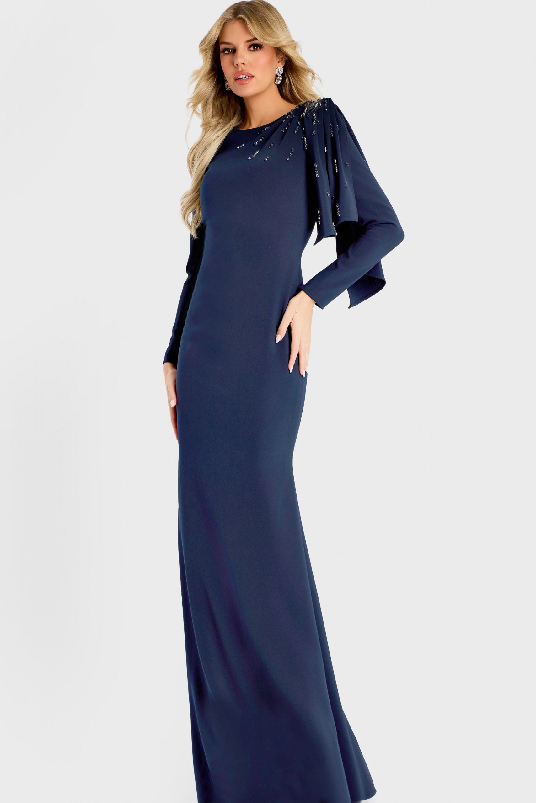 Mother of the Bride Dresses Long Sleeve Cape Beaded Formal Fitted Mother of the Bride Dress Jovani 46738 Navy