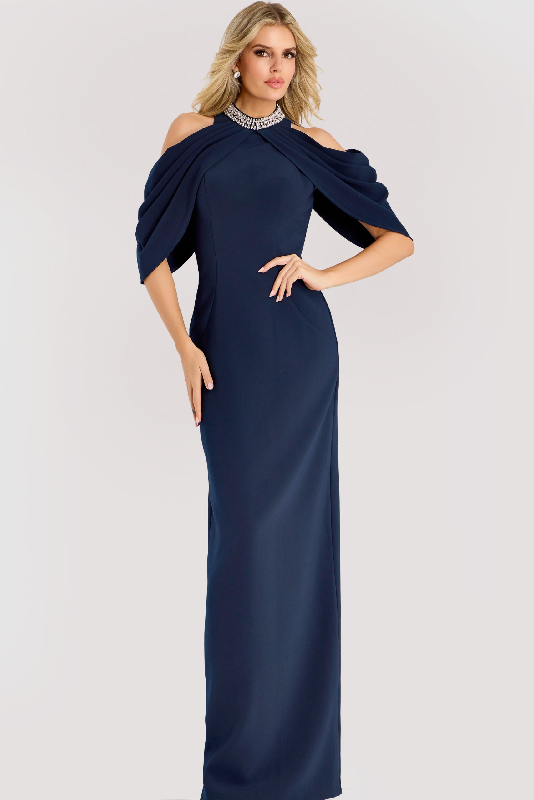 Formal Dresses Slit Long Formal Beaded Fitted Dress Jovani 46742 Navy