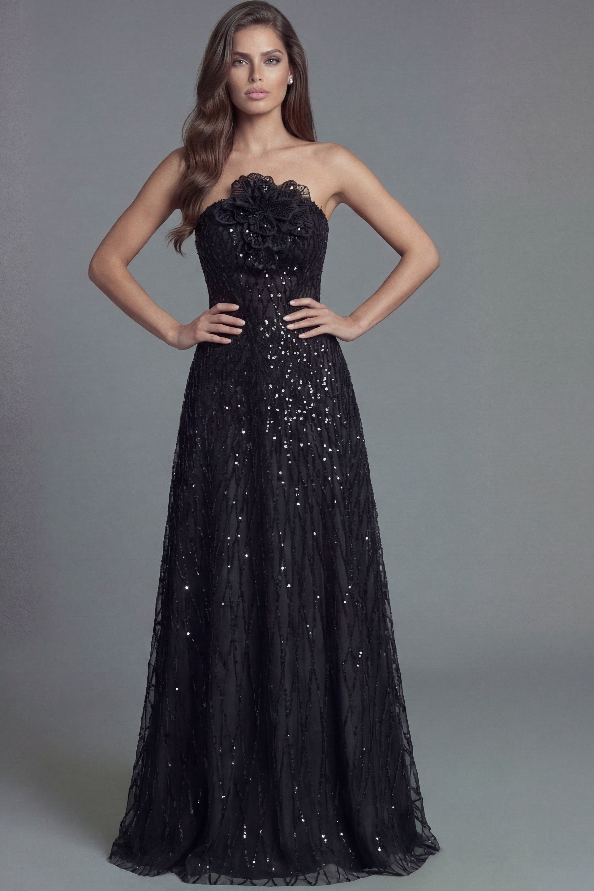 Black Strapless Sequin A-Line Gown with Floral Appliqué Bodice Jovani 46785