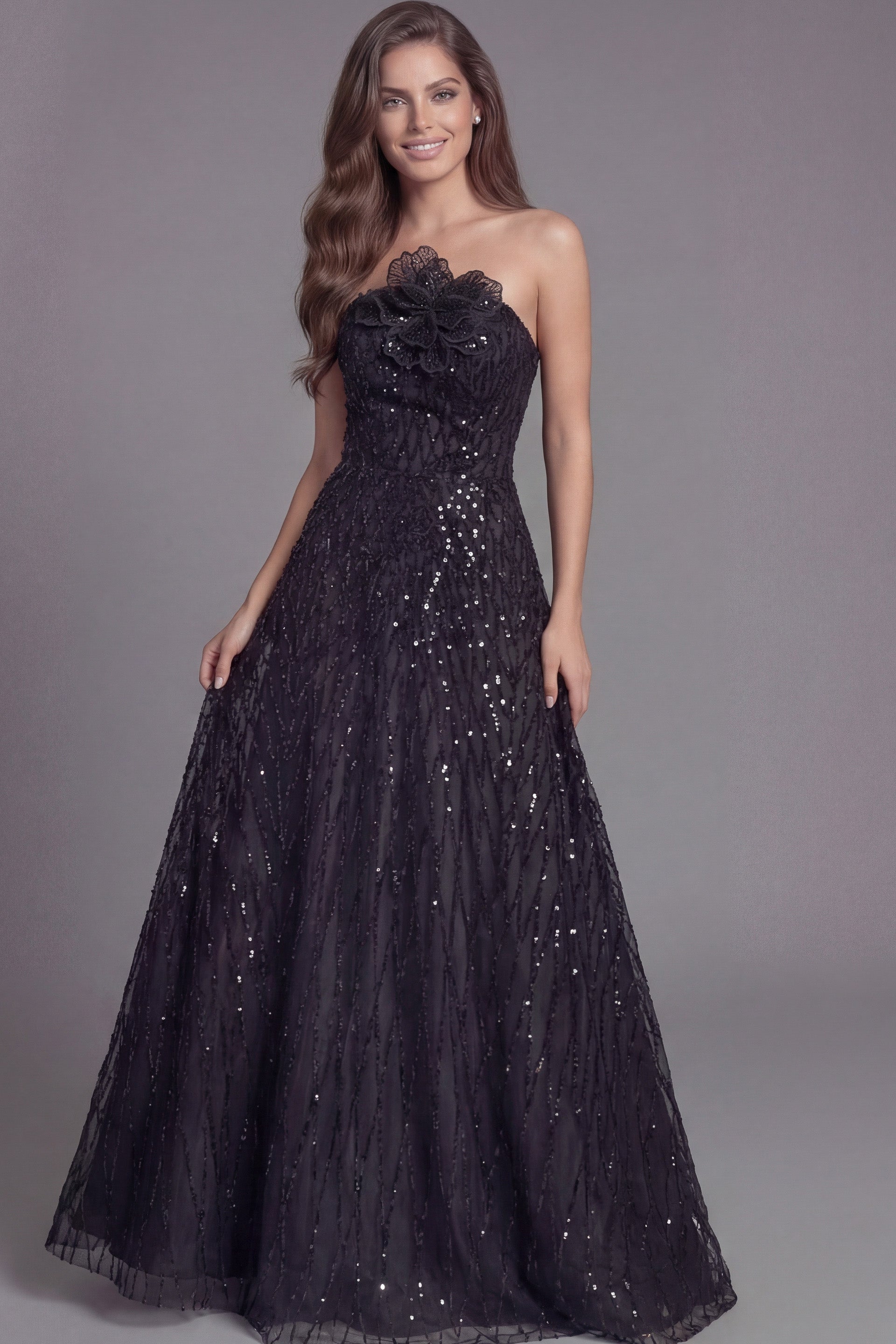 Black Strapless Sequin A-Line Gown with Floral Appliqué Bodice Jovani 46785