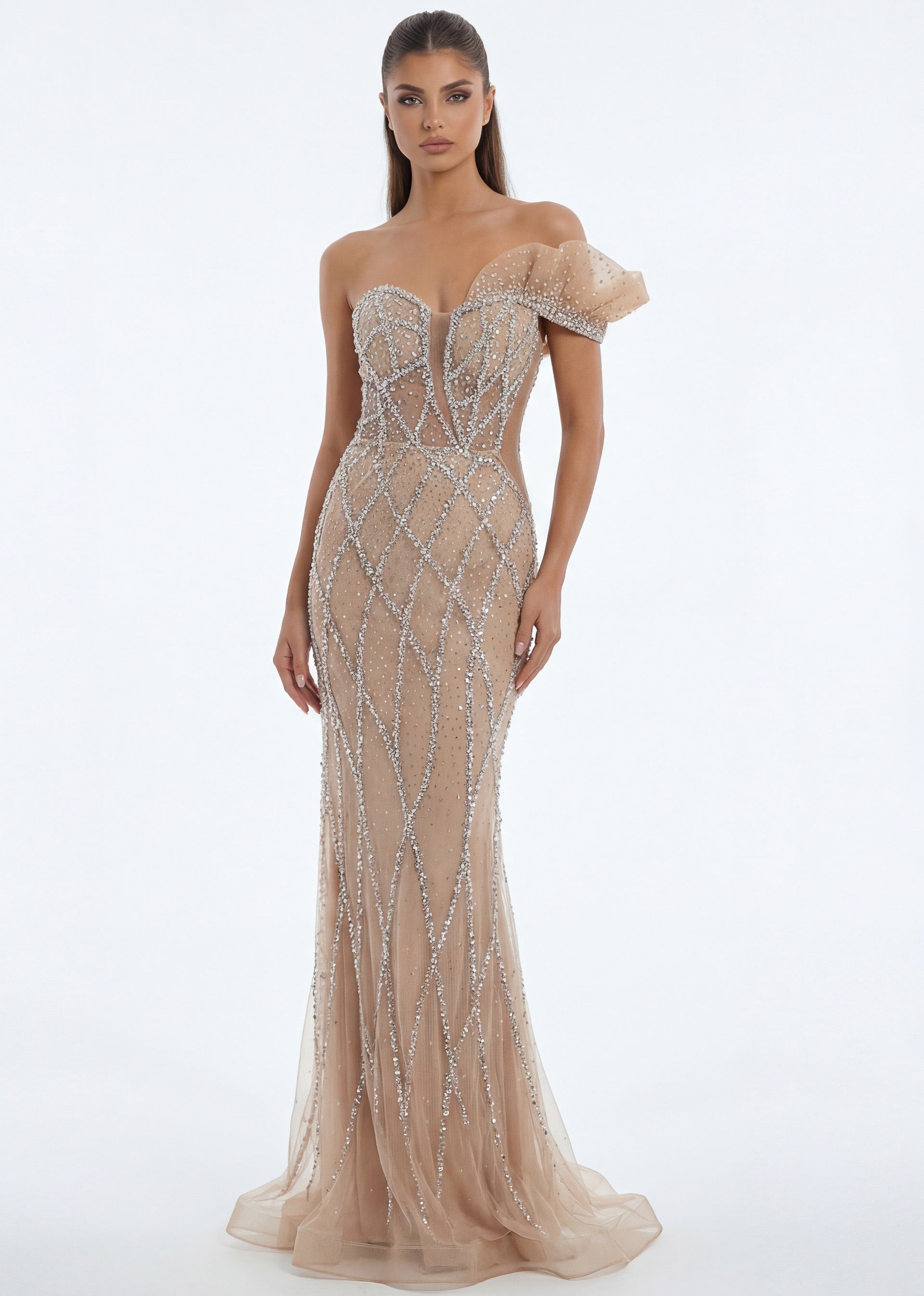 Champagne One-Shoulder Floor-Length Beaded Tulle Prom Sheer Corset Mermaid Gown Jovani 46870