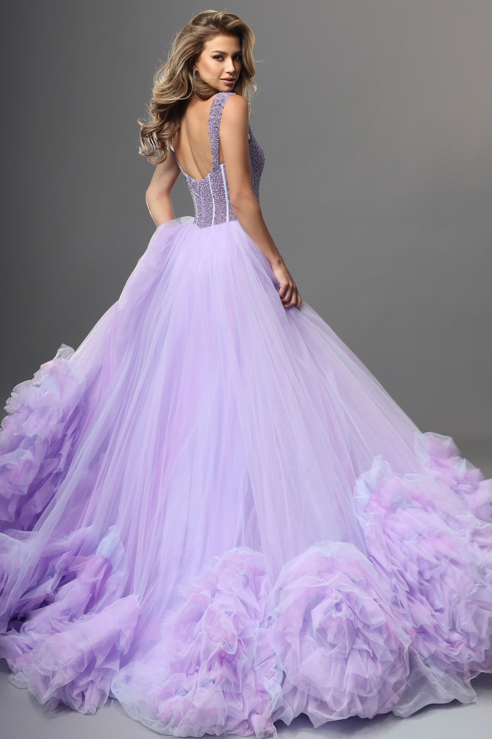 V-Neck Floor-Length Tulle Prom Ball Gown Jovani 46871