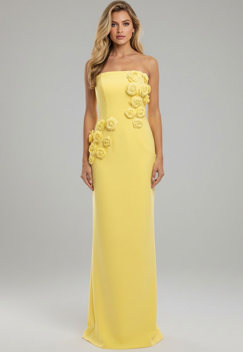 Prom Dresses Fitted 3D Floral Long Formal Evening Prom Dress Yellow