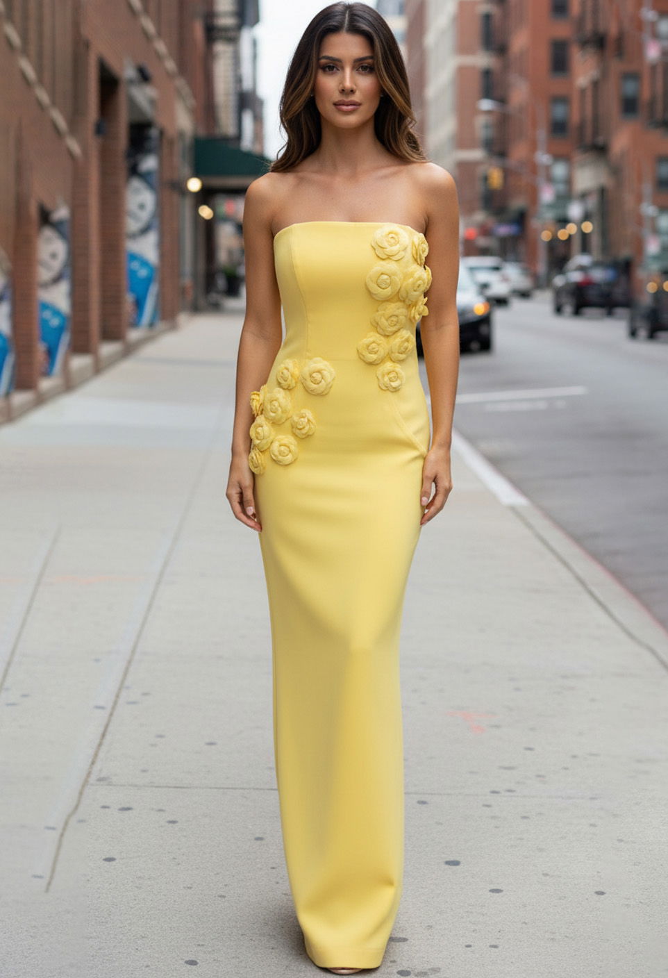 Prom Dresses Fitted 3D Floral Long Formal Evening Prom Dress Yellow