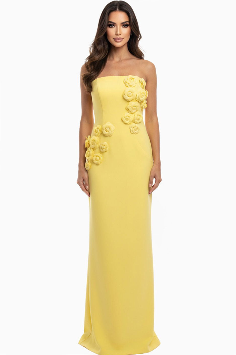 Prom Dresses Fitted 3D Floral Long Formal Evening Prom Dress Yellow