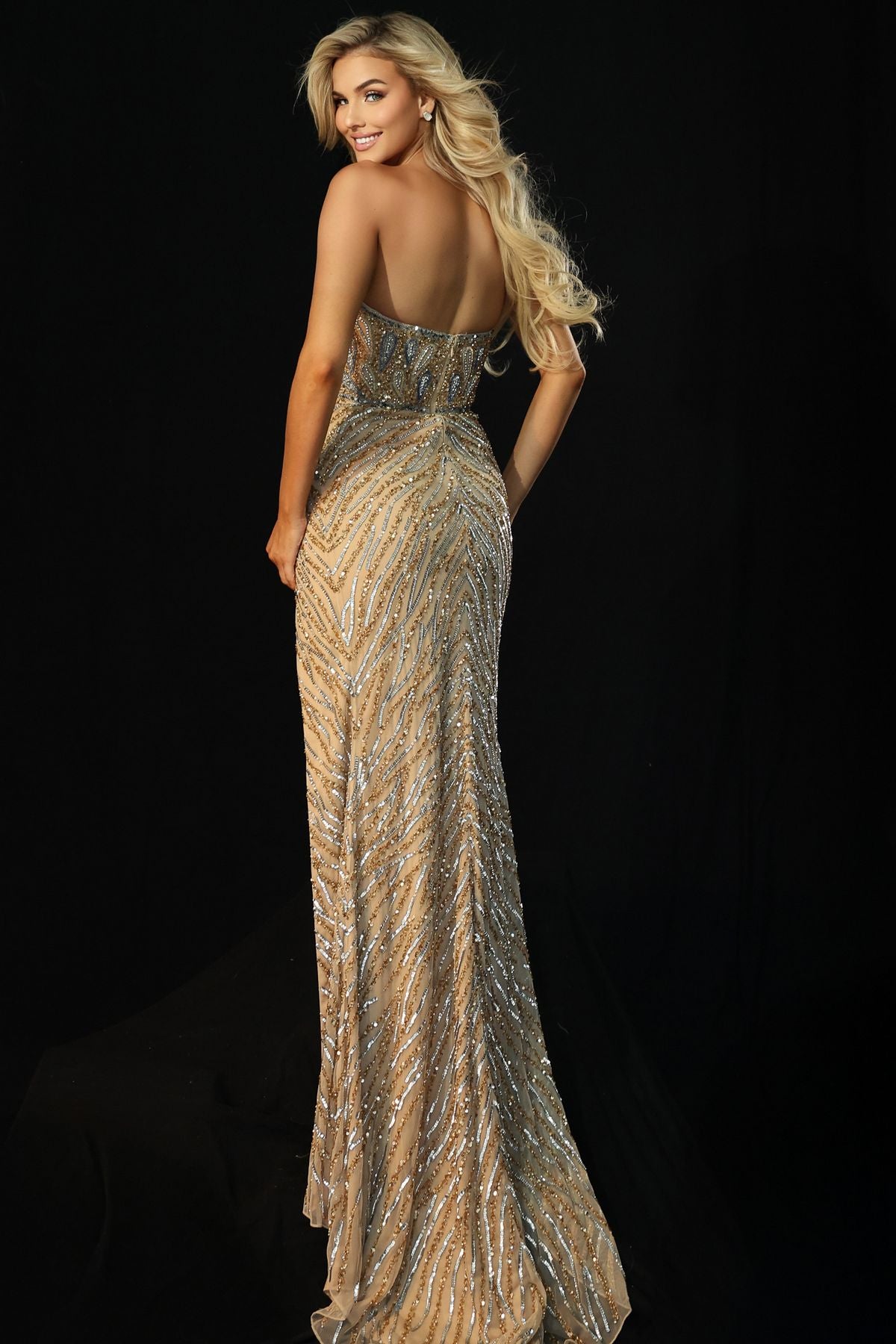 Prom Dresses Beaded Fitted Long Formal Glitter Prom Dress Nud/Silver/Gold