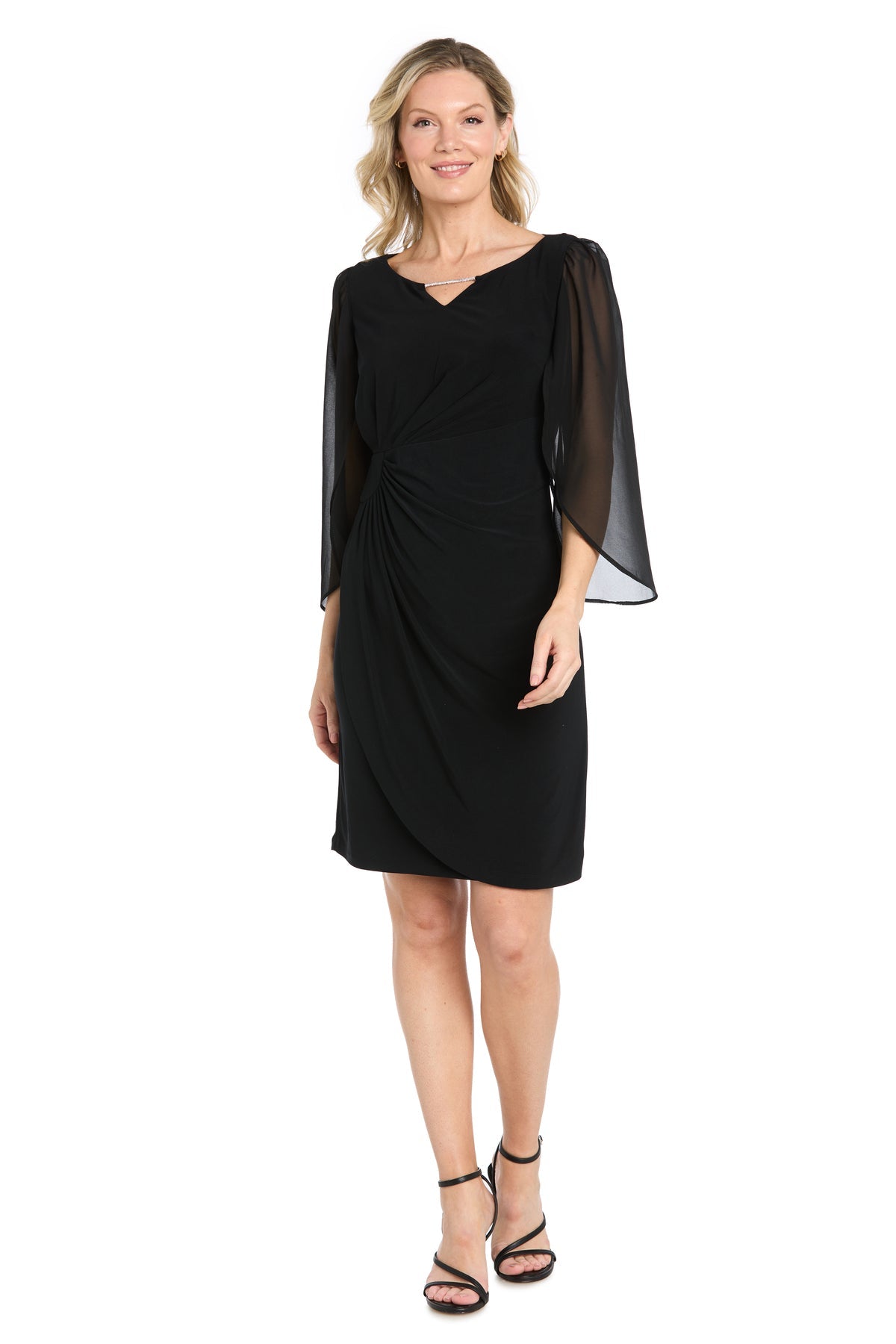 R & M Richards Women's Short Wrap Dress w Cape Sleeves, Navy Blue, 16