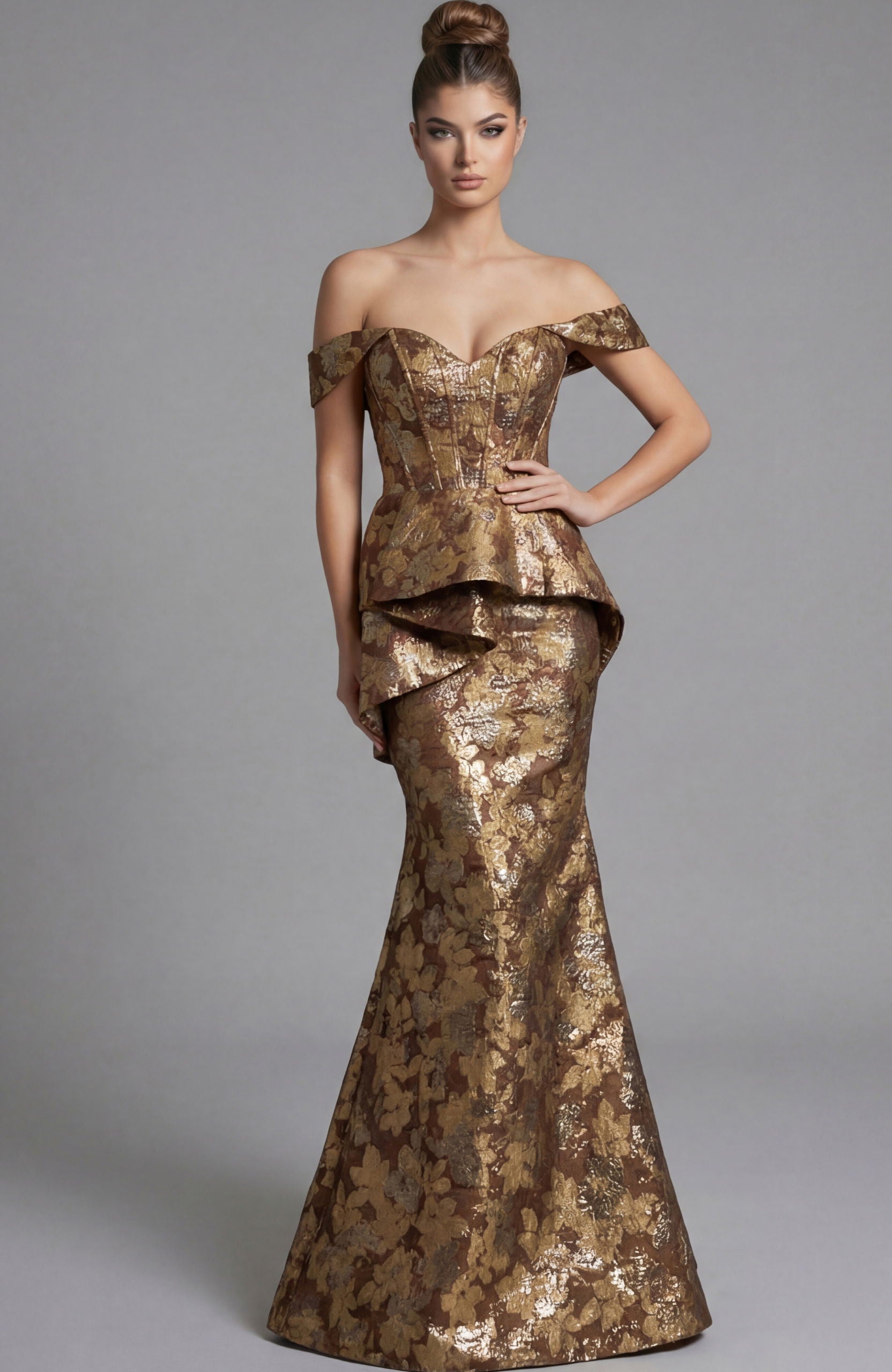 Prom Dresses Long Formal Metallic Floral Mermaid Prom Dress Jovani 47052 Gold