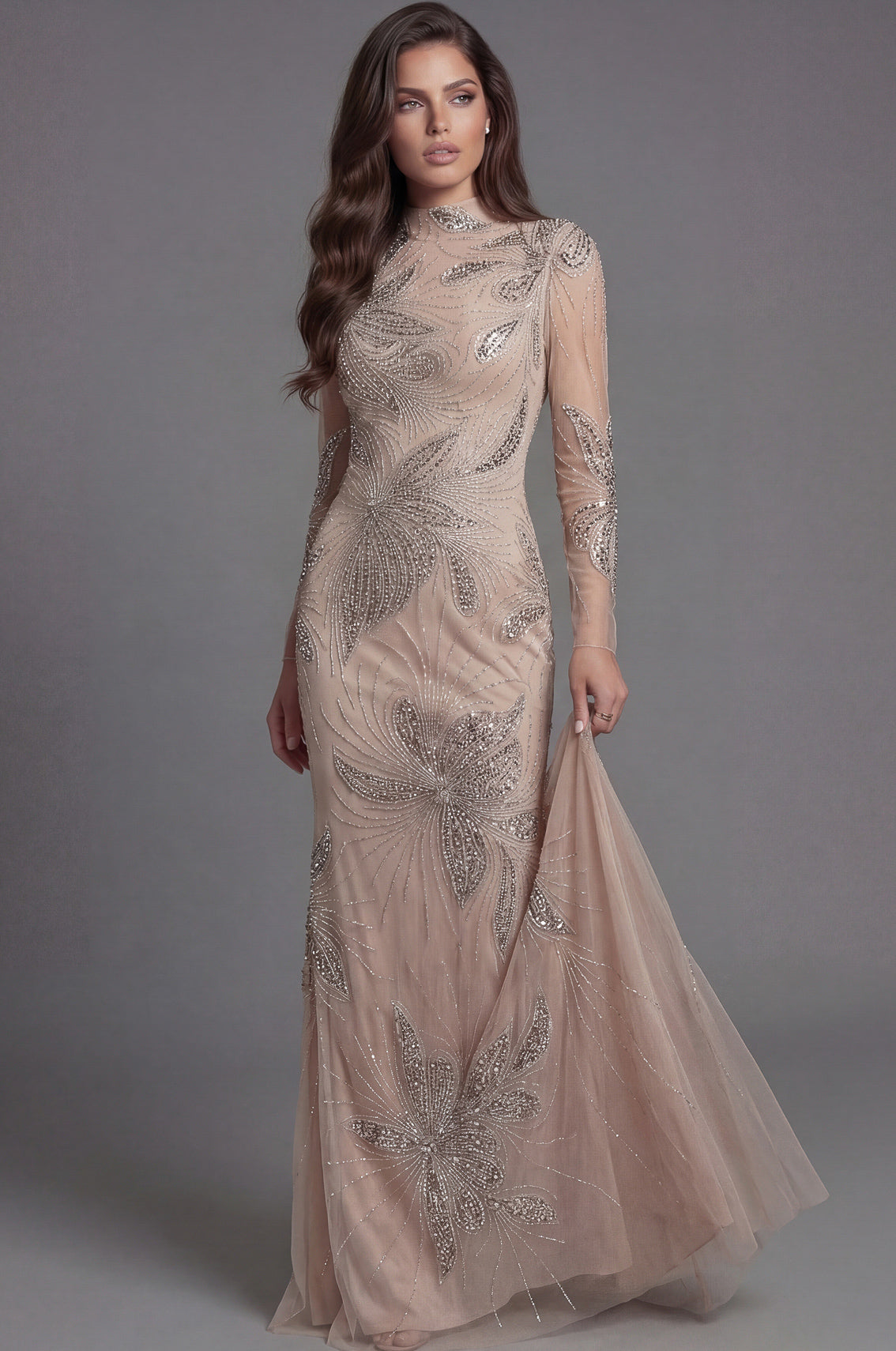 Nude llusion High Neck Floor-Length Beaded Mesh Mermaid Gown with Long Sheer Sleeves Jovani 47094